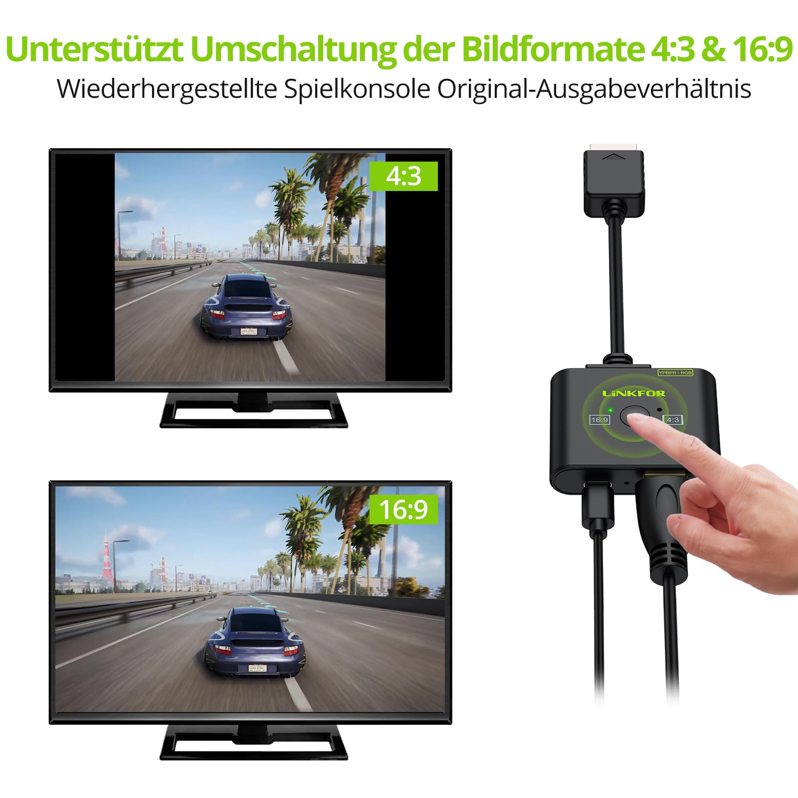LiNKFOR PS2 auf HDMI Adapter 1080P – HDMI Adapter für PS2 Konsole, mit RGB/YPbPr Umschalter & 4:3/16:9 Seitenverhältnis, Plug & Play Komplettset