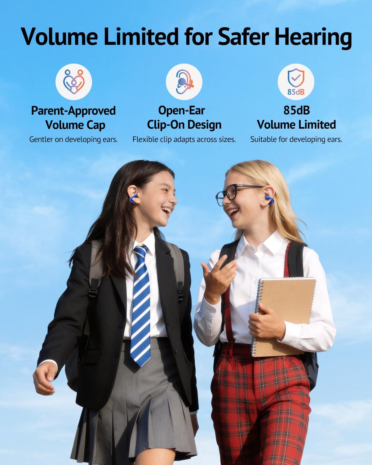 FOYCOY Kids Open Ear Earbuds - Clip-On Earbuds - 85 dB Volume Limit - Bluetooth 6.0, Built-in Mic, 40H Playtime, Silicone Pads, IPX5, Small Ears and Glasses Friendly, Ages 6-14, Blue - Image 2