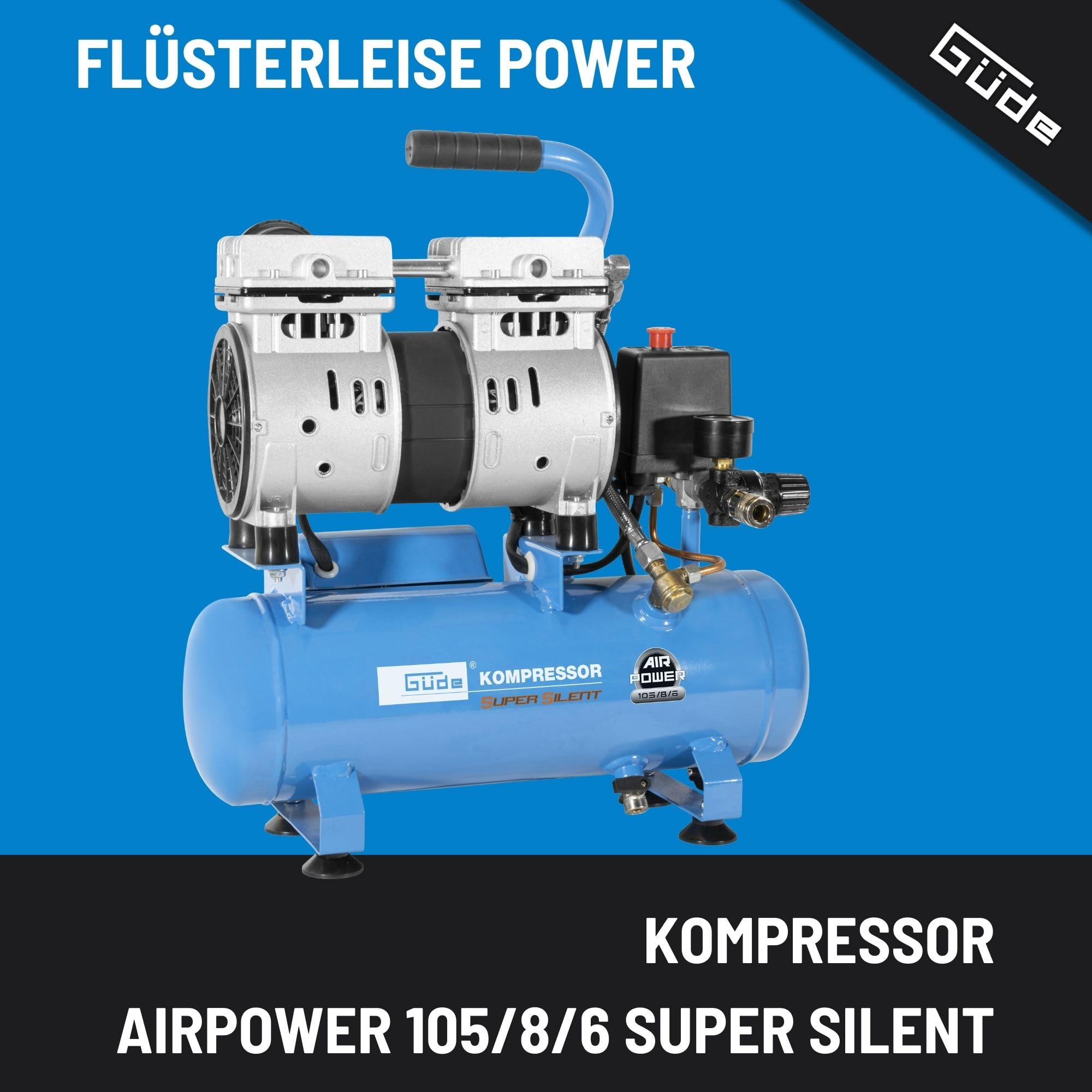 Güde Kompressor Airpower 105/8/6 SILENT (ölfrei, flüsterleise, nur 59 dB(A), max. 8 bar, 550 W, 6 l Kessel, Liefermenge 94 l/min, Druckminderer, Manometer, Sicherheitsventil & Wasserablassschraube)
