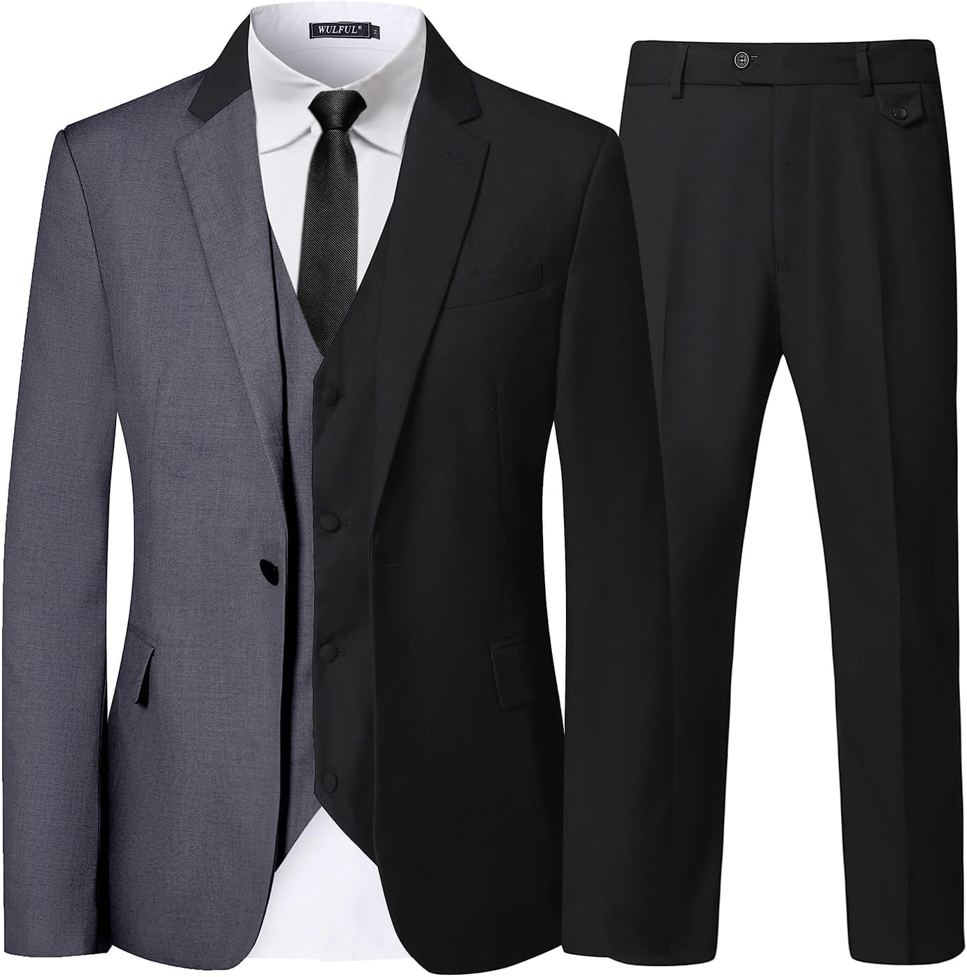 WULFULMen’s Slim Fit Suit One Button 3-Piece Blazer Dress Business Wedding Party Jacket Vest & Pant