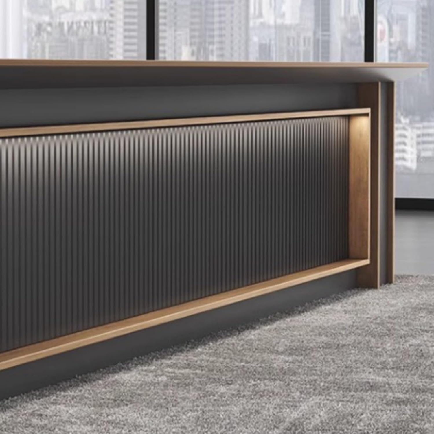 Brown L Shaped Computer Desk, Executive Office Desk with Lateral Cabinet Writing Study Table Home Business Workstation Set for CEO Boss