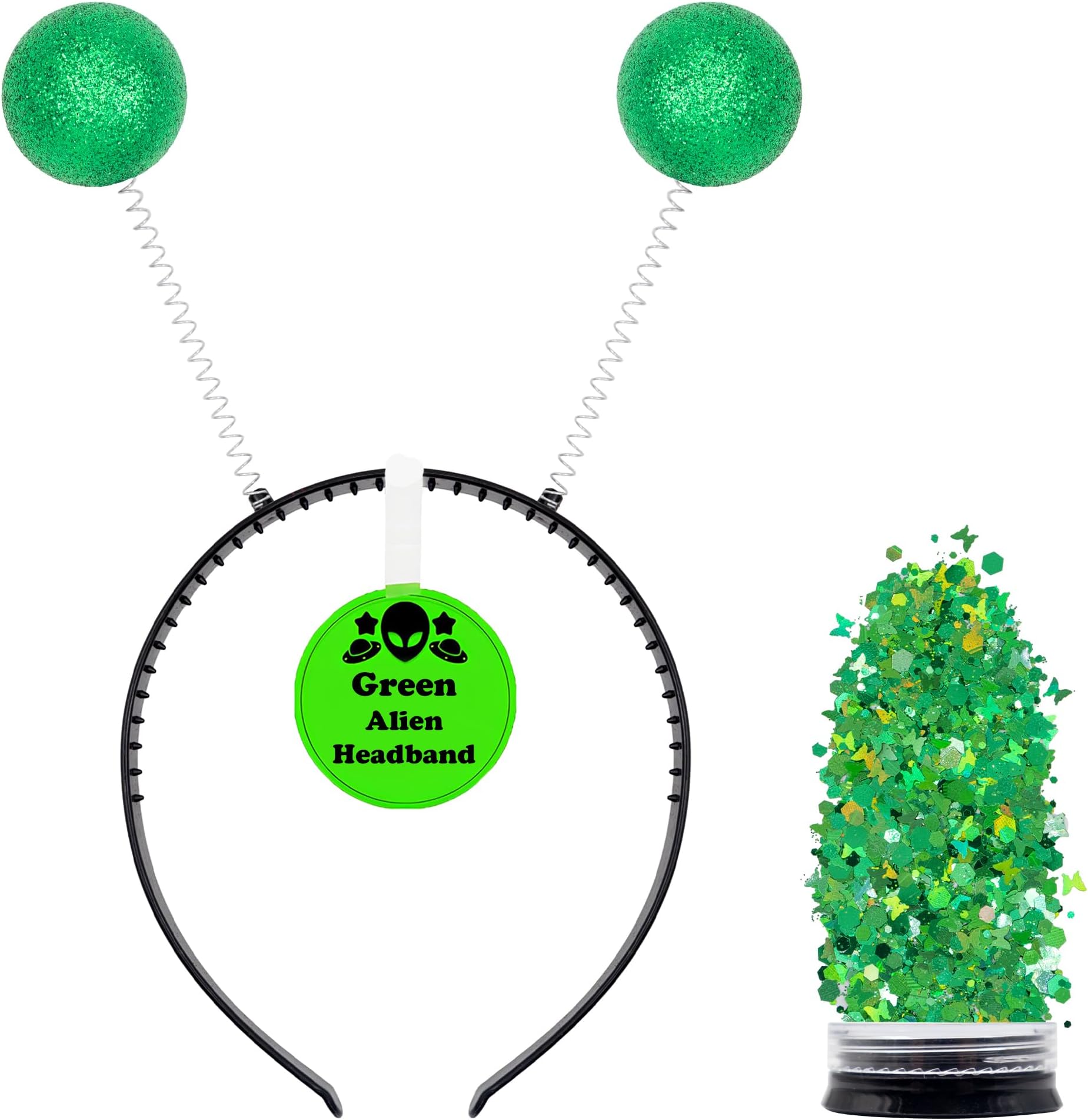 Green Alien Antenna Headband and Glitter – Martian Costume Accessories for Cosplay, Festivals and Theme Parties