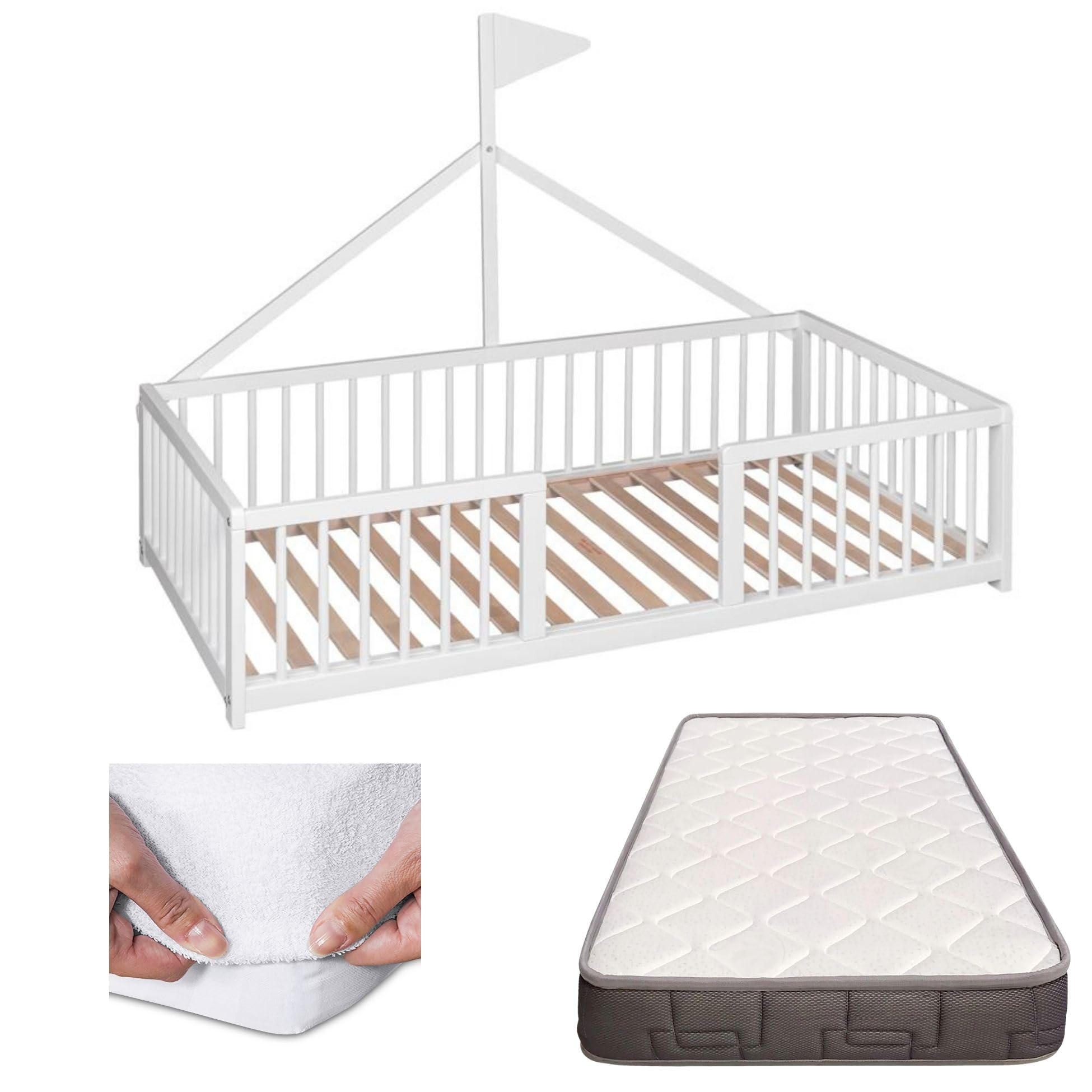 Montessori Bed 140 x 70 cm Beech Wood, Includes Morpheo Mattress and Waterproof Cover, Apache Wonderland, White CoolDreams
