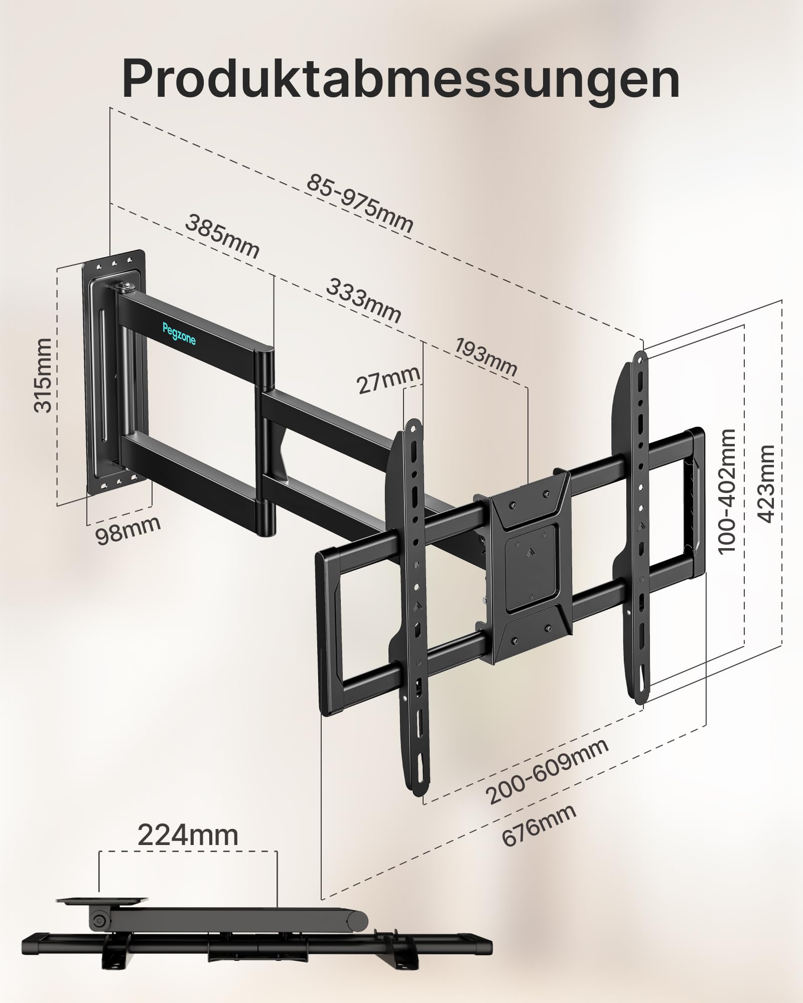 PEGZONE TV Wandhalterung Langarm 85-975mm 37-86" bis 50kg, VESA max.600x400 | Wandhalterung Fernseher für LCD, LED & OLED, schwenk- und neigbarer extra langer Arm, inkl. praktischer Kabelbinder