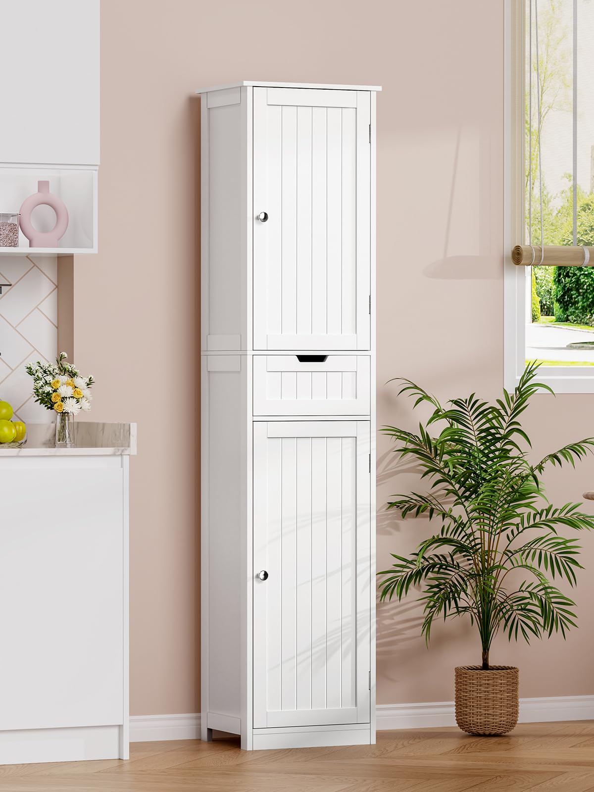 TEENFON Badezimmerschrank Schmal mit voller 40 cm Breite，Badschrank mit 2 Türen und 1 Schublade, Hochschrank mit Verstellbaren Regalen für Badezimmer, Wohnzimmer, Flur, Küche, 40x30x170 cm, Weiß