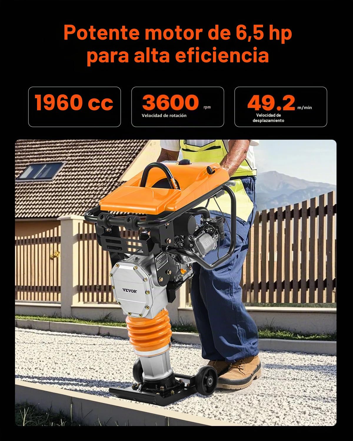 VEVOR Compactador de Gato de Salto Apisonador Vibratorio 6,5 HP con Motor de 196cc a Aombustible Fuerza de Impacto de 1632 kg para Suelo, Grava, Cimientos, Losas de Hormigón, 740 x 465 x 1080 mm