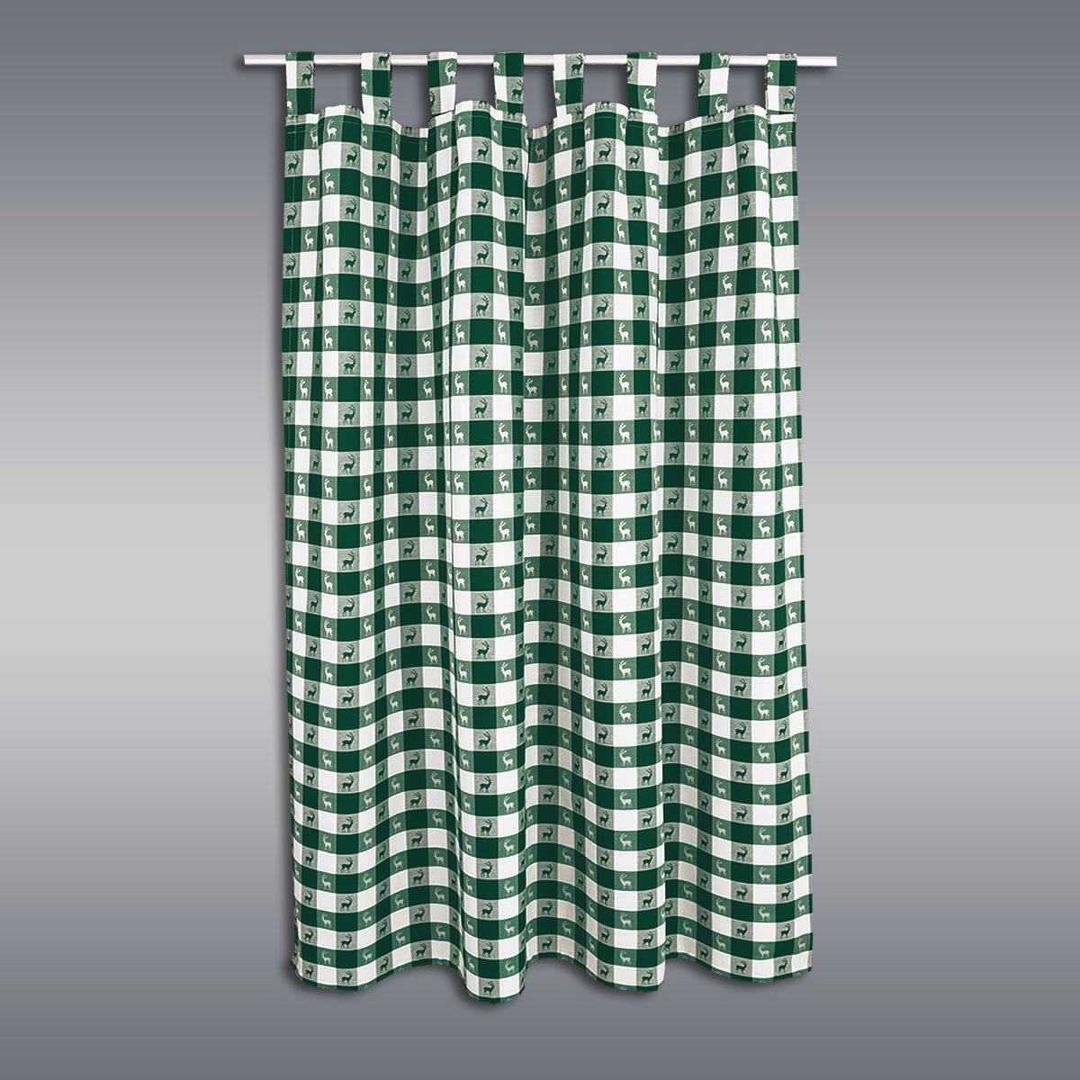 Dekoschal Karo mit Hirsch in Grün | Schlaufenschal aus hochwertigem Webware | grün-weißer Landhaus-Vorhang kariert | Blickdichte Übergardine mit 8 Schlaufen | Seitenschal Höhe x Breite 125 x 130 cm