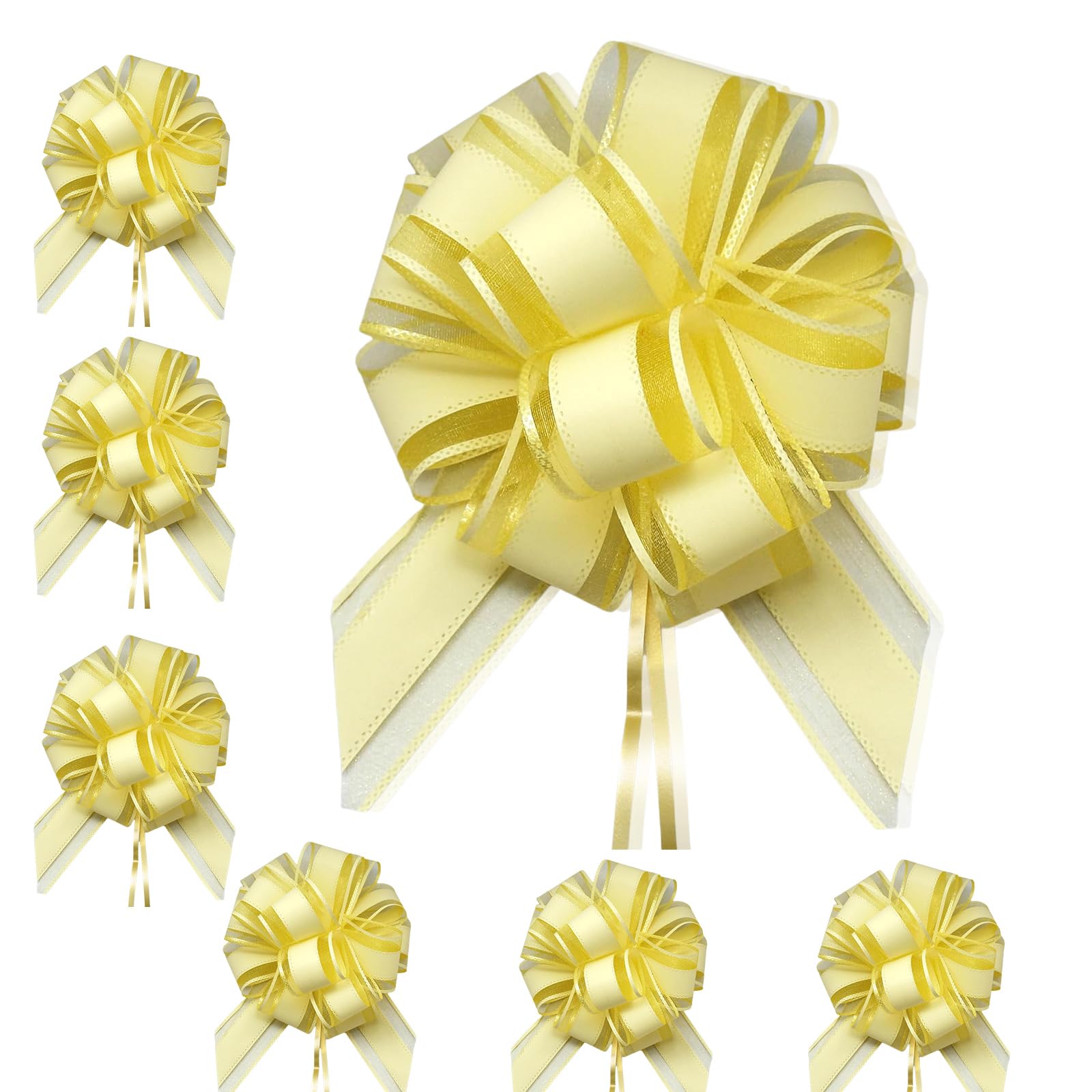 6P 7in/5cm Large Pull Bows Gift Wrap Bows for Gift Wrapping,Yellow Pull Bow Ribbon for Present Wedding Car Gifts Basket,Christmas Pretied Gifts Yellow Wrapping Bow for Flower Wedding Birthday Decor