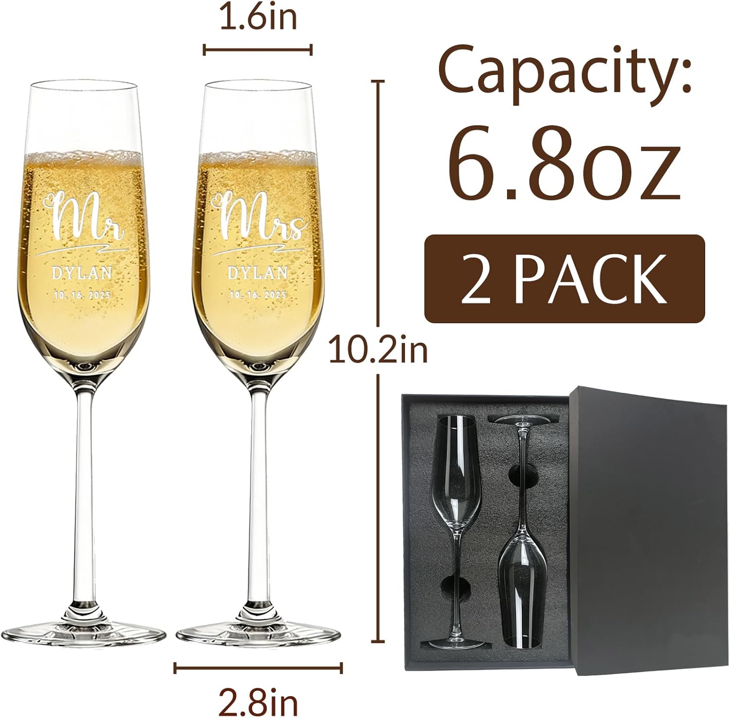 Mr & Mrs Personalized Champagne Flutes - Custom Engraved Wedding Gifts Customized Crystal Glasses for Couple Set of 2 Anniversary Engagements Anniversary Bridal Shower Party - Image 3