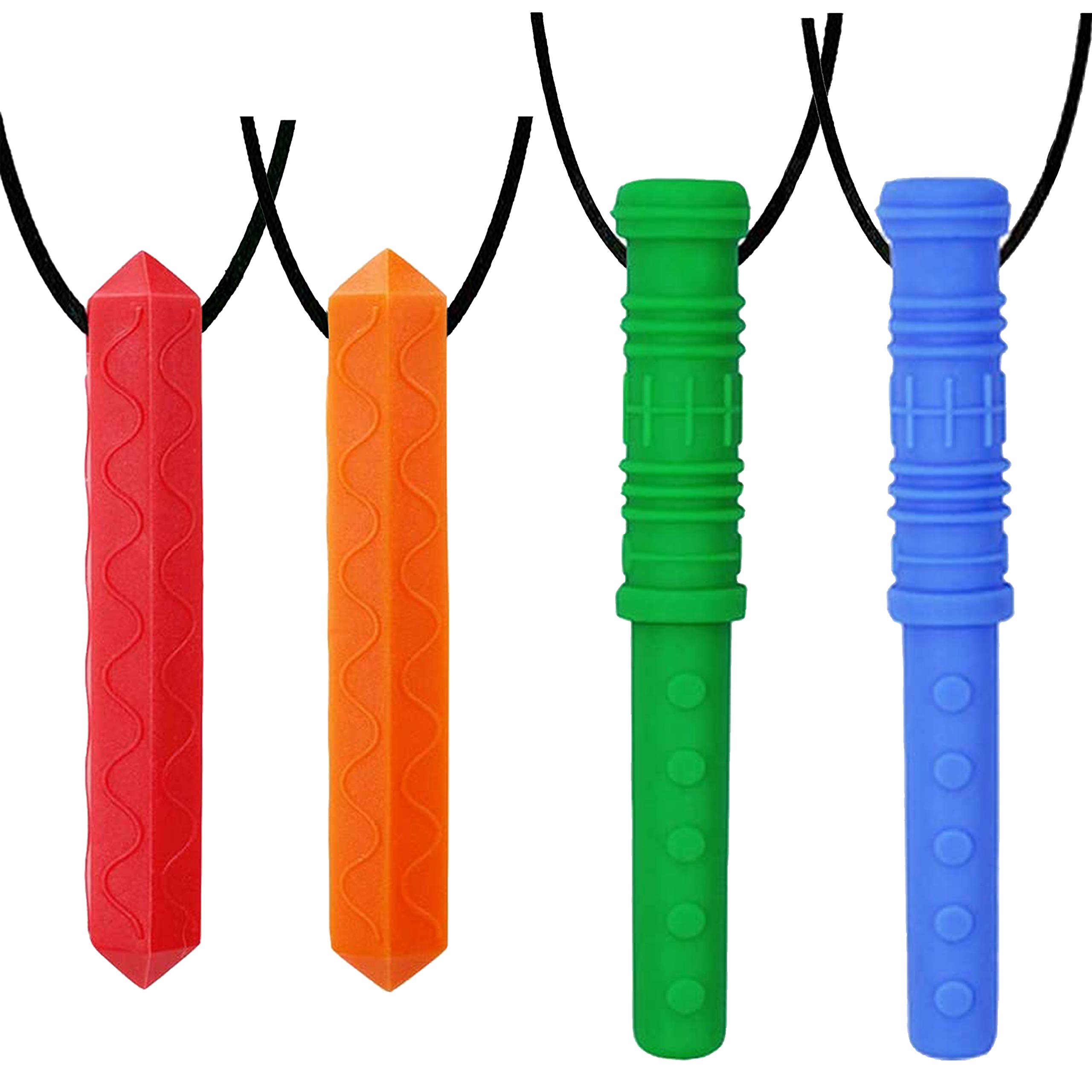 Chew Necklace, 4 Pack Sensory Chew Necklace Set Made from Food Grade Silicone Safety for Kids Teething,Silicone Chewy Sticks for Autistic, ADHD,Oral Motor Boys and Girls Children