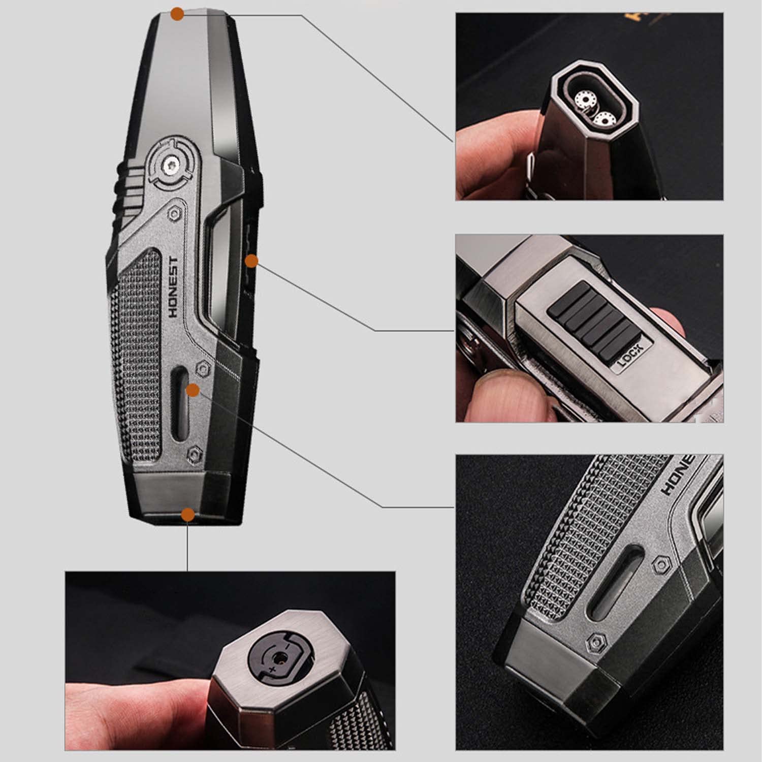 Briquet Torche Flamme à Double Jet Butane Rechargeable Cigare Briquet avec Fenêtre Visible Verrouillage de Sécurité Outil de Fumer pour Grill BBQ Bougie Cuisine Camping