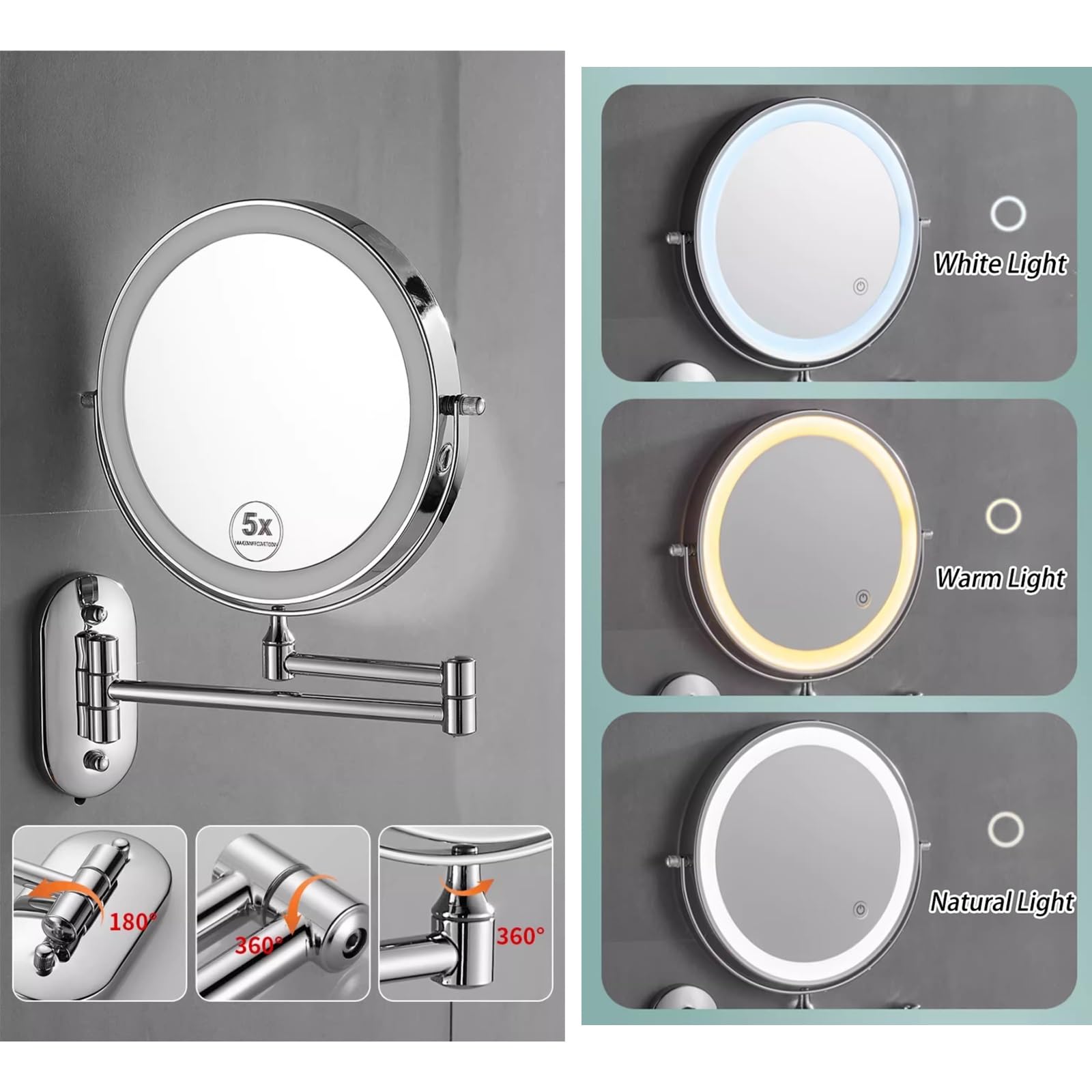 HJXGQJM Specchio Da Trucco Ricaricabile Illuminato Da Parete, Specchio Estensibile Da Bagno,Specchio Ingranditore 5x/1x,Rotazione A 360 Specchio Estensibile Per Bagno, Hotel