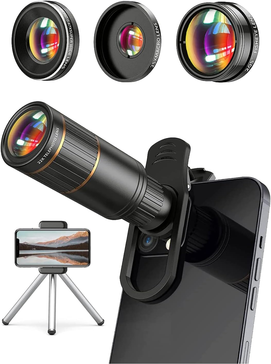 Phone Camera Lens Kit 4 in 1, COSULAN Attachment Cellphone Lens, 22X Telephoto Lens, 205° Fisheye Lens, 4K HD 0.67X Wide Angle Lens, 25X Macro Lens, Compatible with all iPhones and Android Smart phone