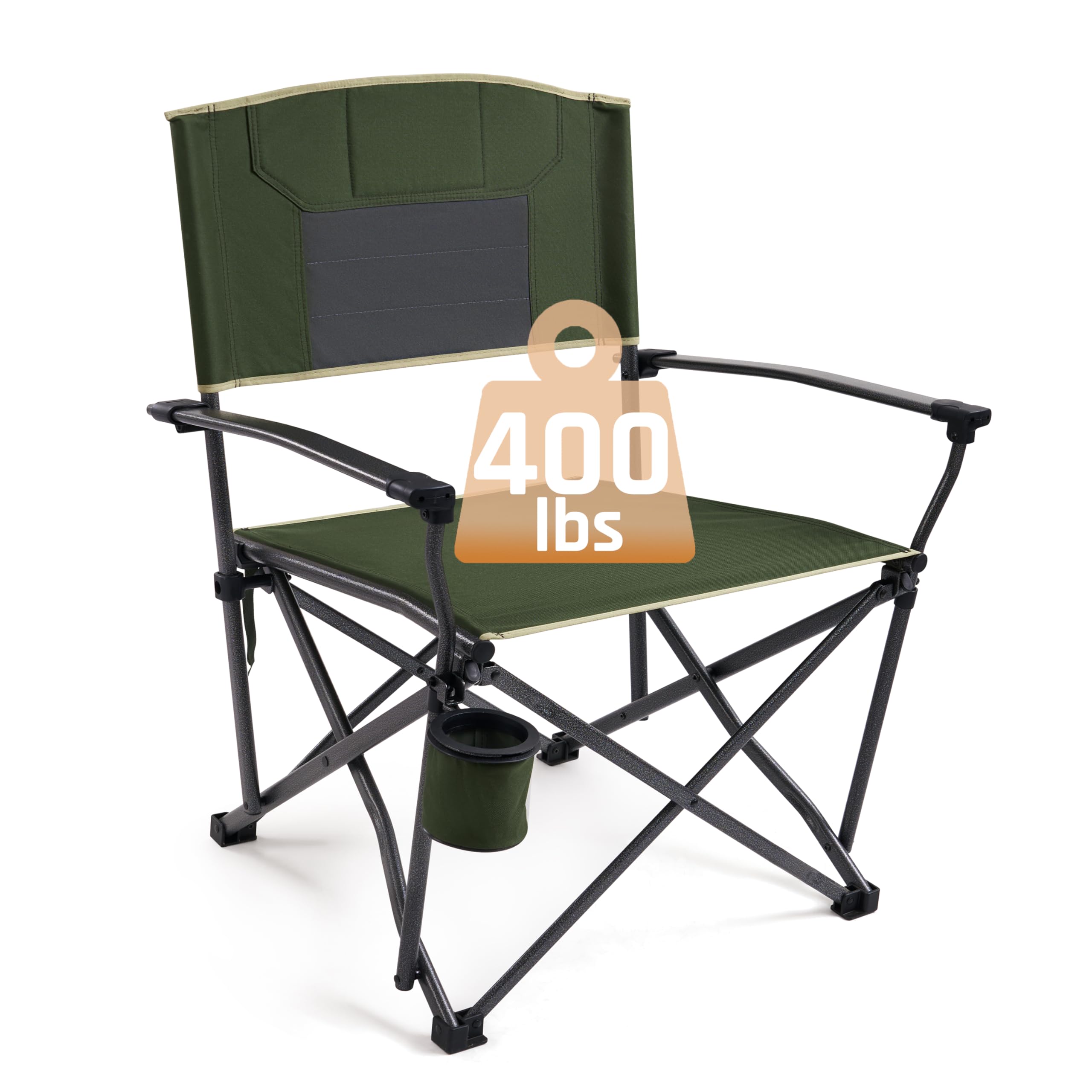 Oversized Folding Camping Chairs for Adults Heavy Duty Camp Chair Support 400 LBS Steel Frame Metal Arm Lawn Chairs with Swivel Cup Holder & Hollow Backrest Extra Large Outdoor Chairs Green