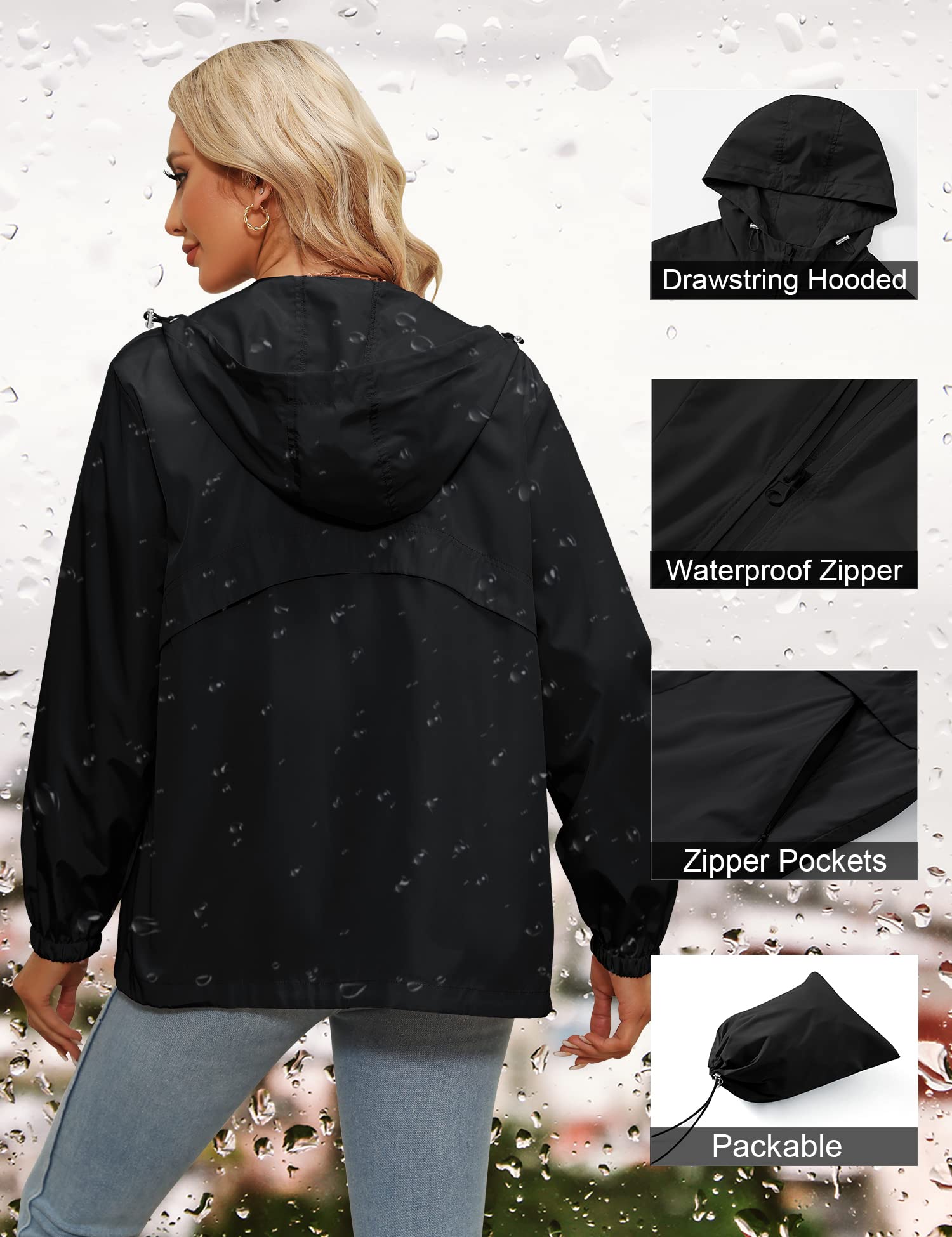 Tisfeer - Impermeabile da donna con cappuccio, leggero, antivento, ripiegabile, giacca a vento con cappuccio