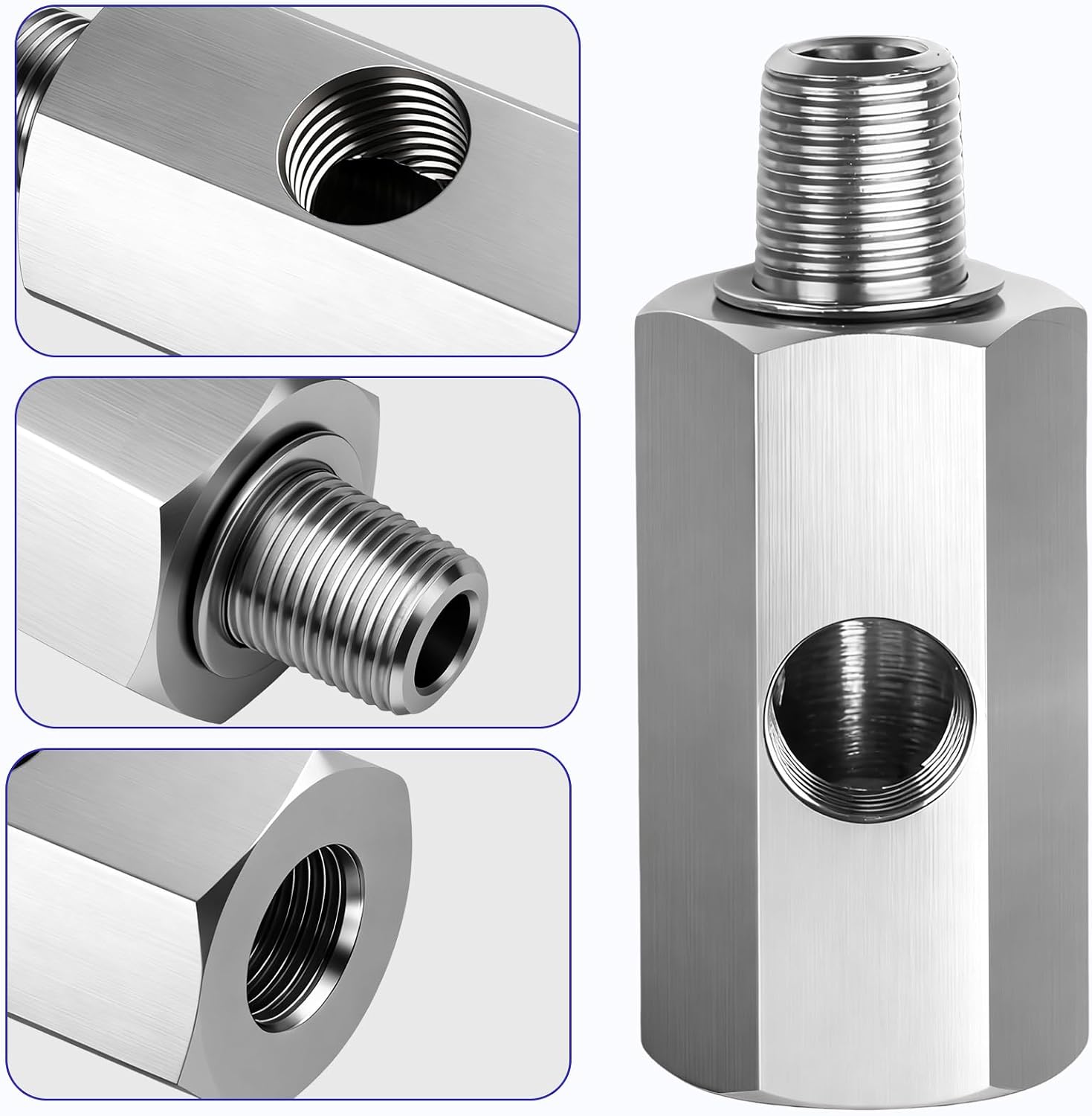 1/8 BSPT Oil Pressure Sensor Tee Adapter, 304 Stainless Steel 1/8" BSPT Female to Male with NPT Port, for Turbo Oil Feed and Oil Pressure Gauge