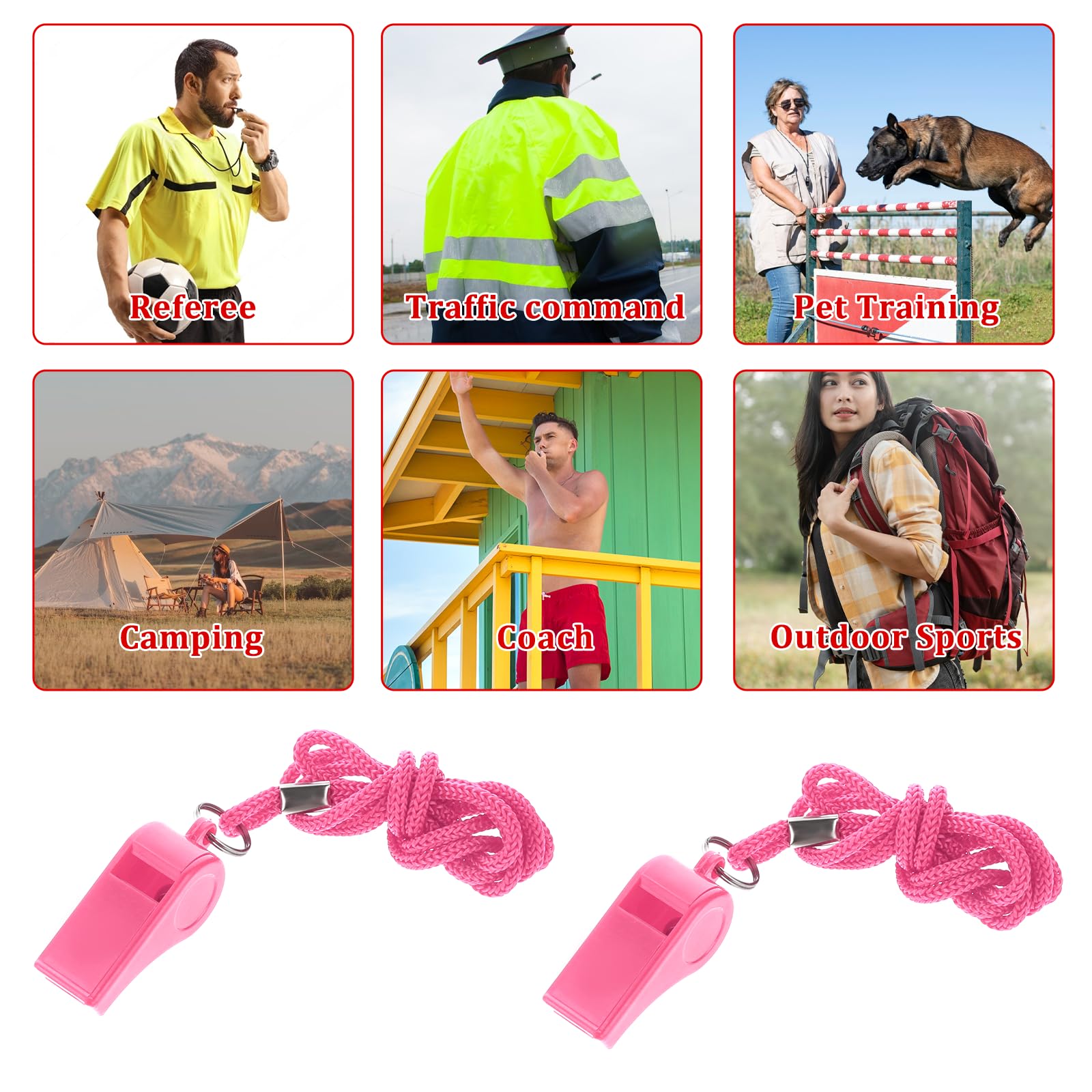 Silbato de plástico con cordón, 2 paquetes para entrenadores, árbitro nítido y transparente