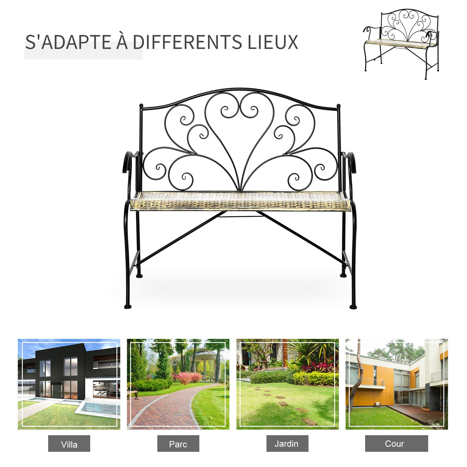 Outsunny Banco de jardín 2 plazas Hierro Forjado Metal Negro Oro | Estilo neorretro, líneas aerodinámicas, efecto envejecido