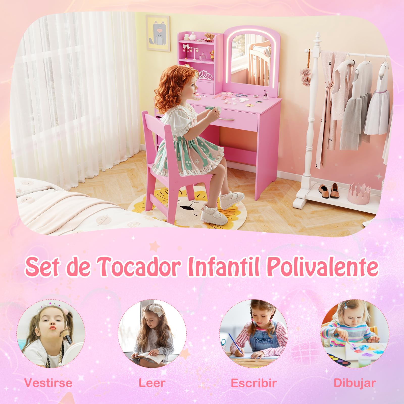 COSTWAY Tocador Infantil con Espejo Iluminado, Tocador de Maquillaje Niña con Espejo y Luces, Estantes Abiertos y 5 Cajones de Almacenaje, Mesa y Silla de Princesa para Niñas de 3+ Años (Rosa)