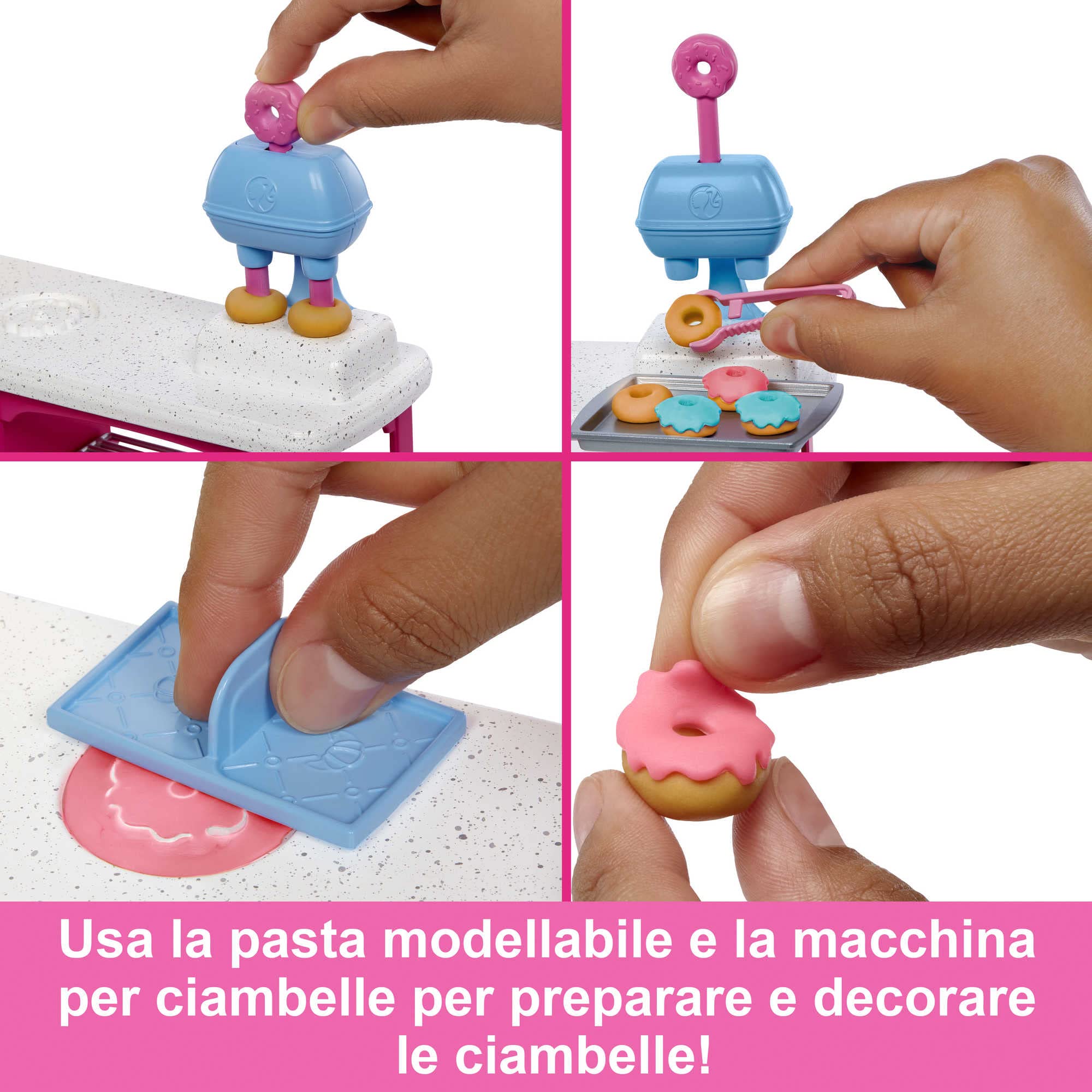 Barbie - Siamo in Due Playset Caffetteria con bambola "Malibu" e 18 accessori a tema pasticceria, tra cui pasta da modellare e stampi, Giocattolo per Bambini 5+ Anni, HJY19