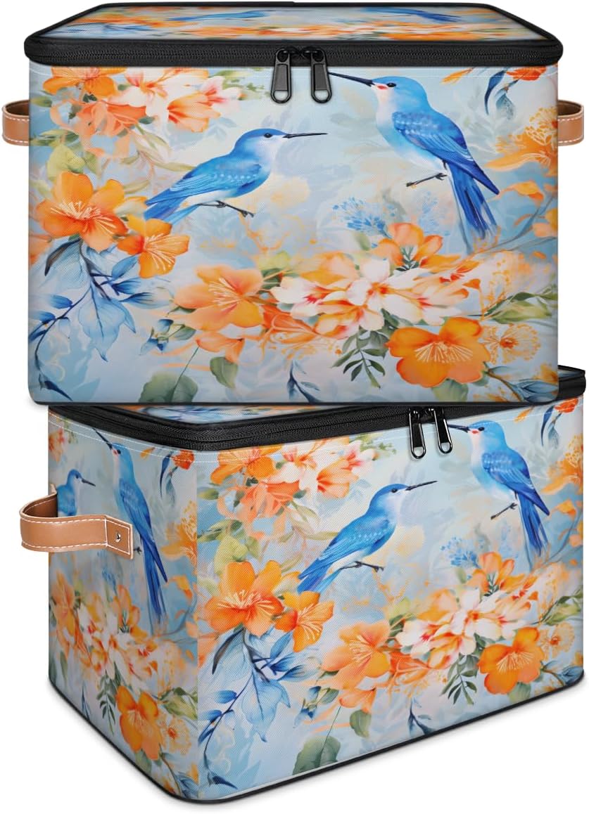 Storage Bin Set of 2 Flower Birds Storage Basket with Zipper Lid & Handle Foldable Closet Shelf 2 Pack Cloth Organizer Basket Cube Bins Clothes Organizer for Bedroom, Nursery