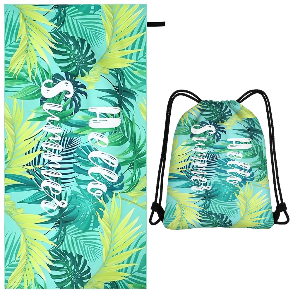 Quick Dry Beach Towels 160×80 Cm,Green Leaf Towel Microfibre Lightweight Towel with Drawstring Bags,Gym Backpack Swimming Pool Accessories,Travel Towels for Adults Kids Fast Drying Sand Free (Blue2)