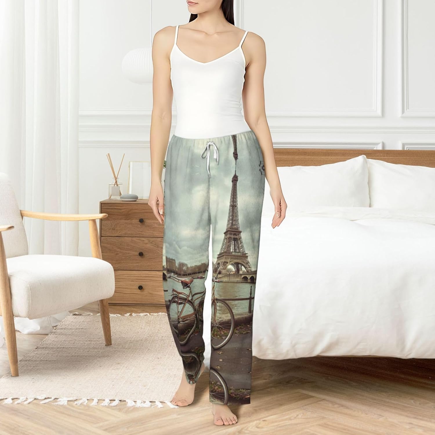 Eiffel Tower Bike Print Cozy Christmas Pajama Pants,Flannel Pajama Bottoms,Cater To Various Body Types