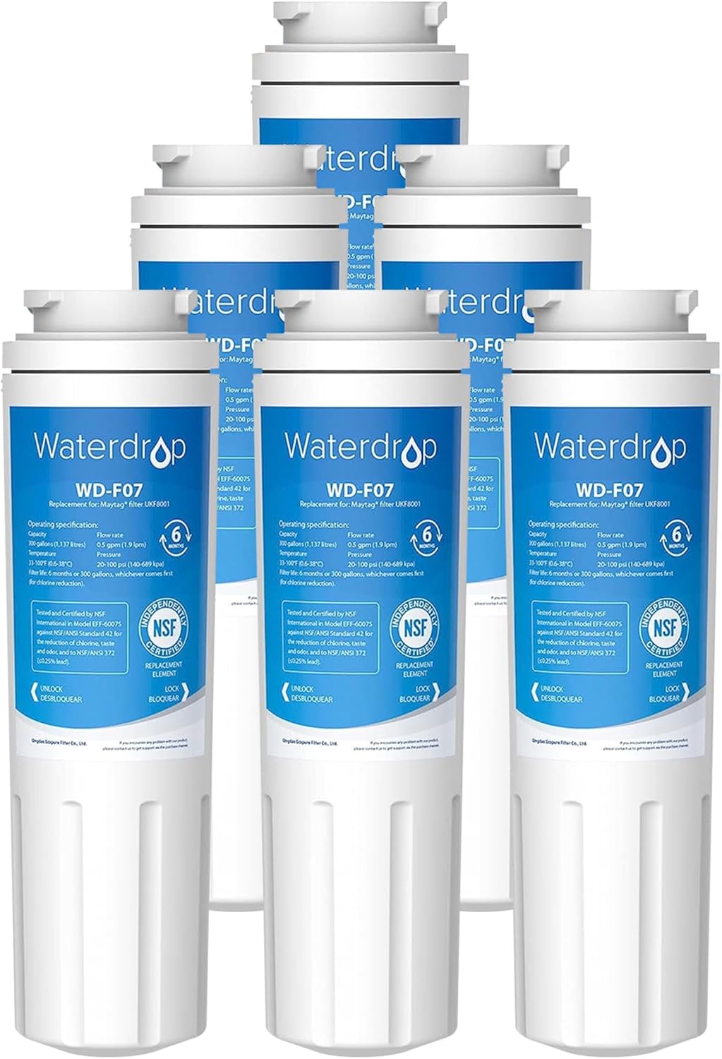 Waterdrop UKF8001 Refrigerator Water Filter 4, Replacement for Whirlpool EDR4RXD1, EveryDrop Filter 4, Maytag UKF8001AXX-750, UKF8001AXX-200, 46-9006, Puriclean II, WF-UKF8001, 6 Filters