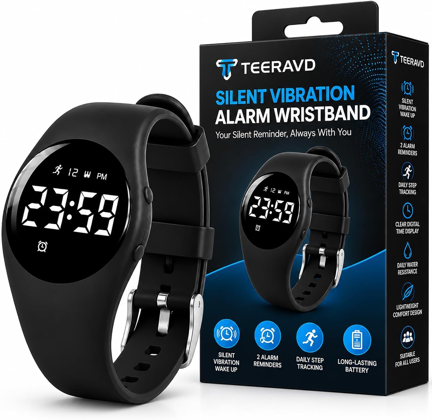 Alarm Clock for Heavy Sleepers Vibrating Wristband Silent Wake Up Watch with Fitness Tracker Step Counter Sleep Tracking Stopwatch Water Resistant Rechargeable Bracelet Adults Teens Kids