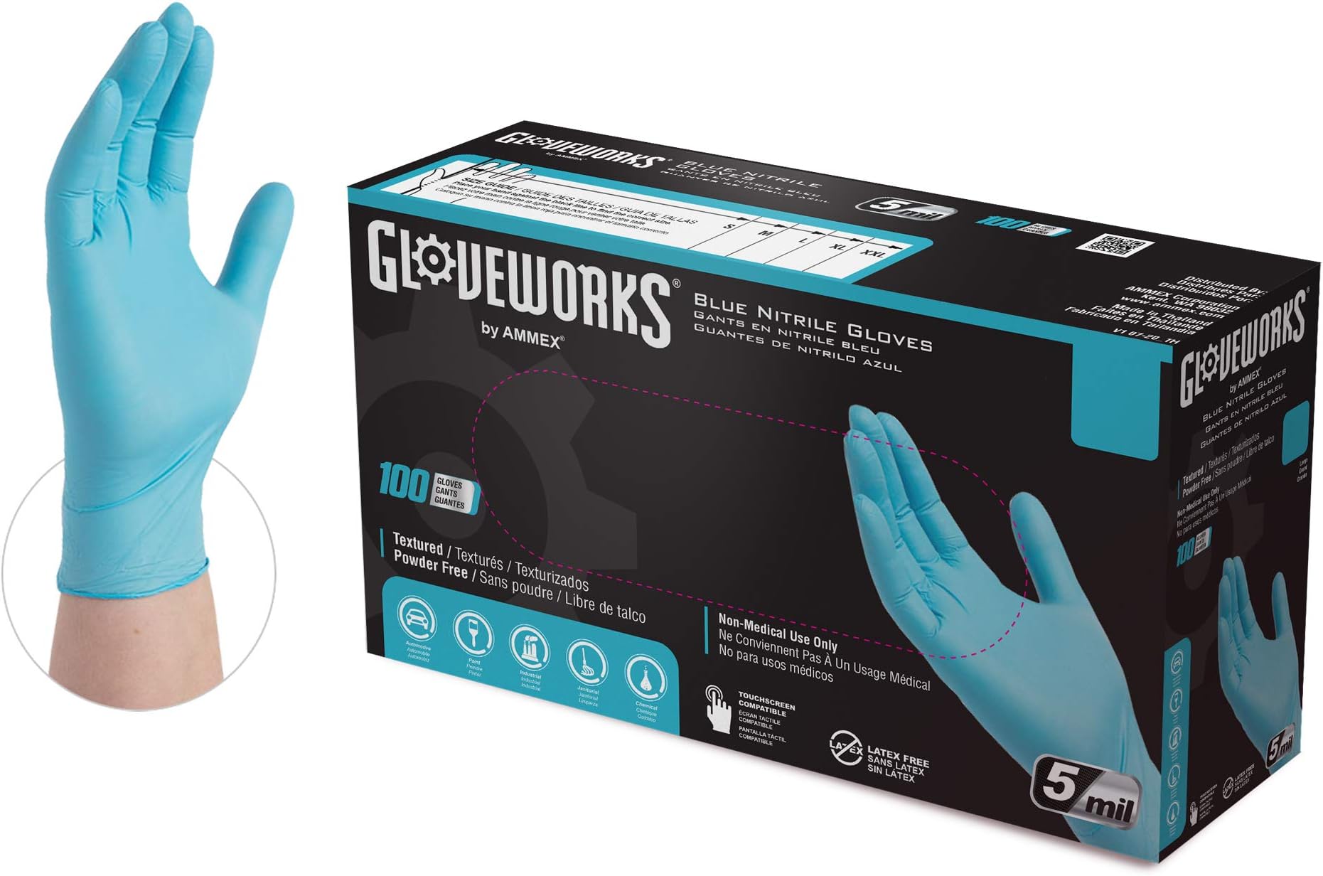 Blue Disposable Nitrile Industrial Gloves, 5 Mil, Latex & Powder-Free, Food-Safe, Textured, Medium, Box of 100