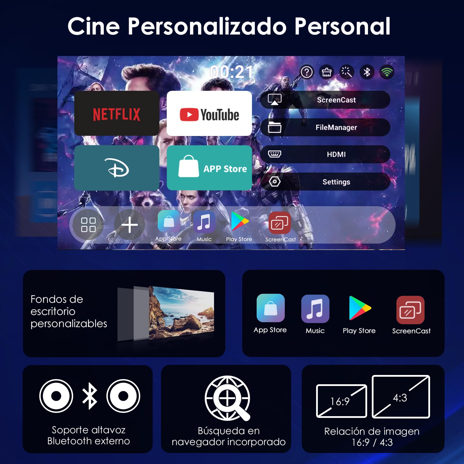 WOLFANG Proyector Portatil, Mini Proyector 1080P con Apps Integradas, WiFi y Bluetooth, Corrección Keystone Automática, Compatible con iOS/Android/TV Stick/PS5