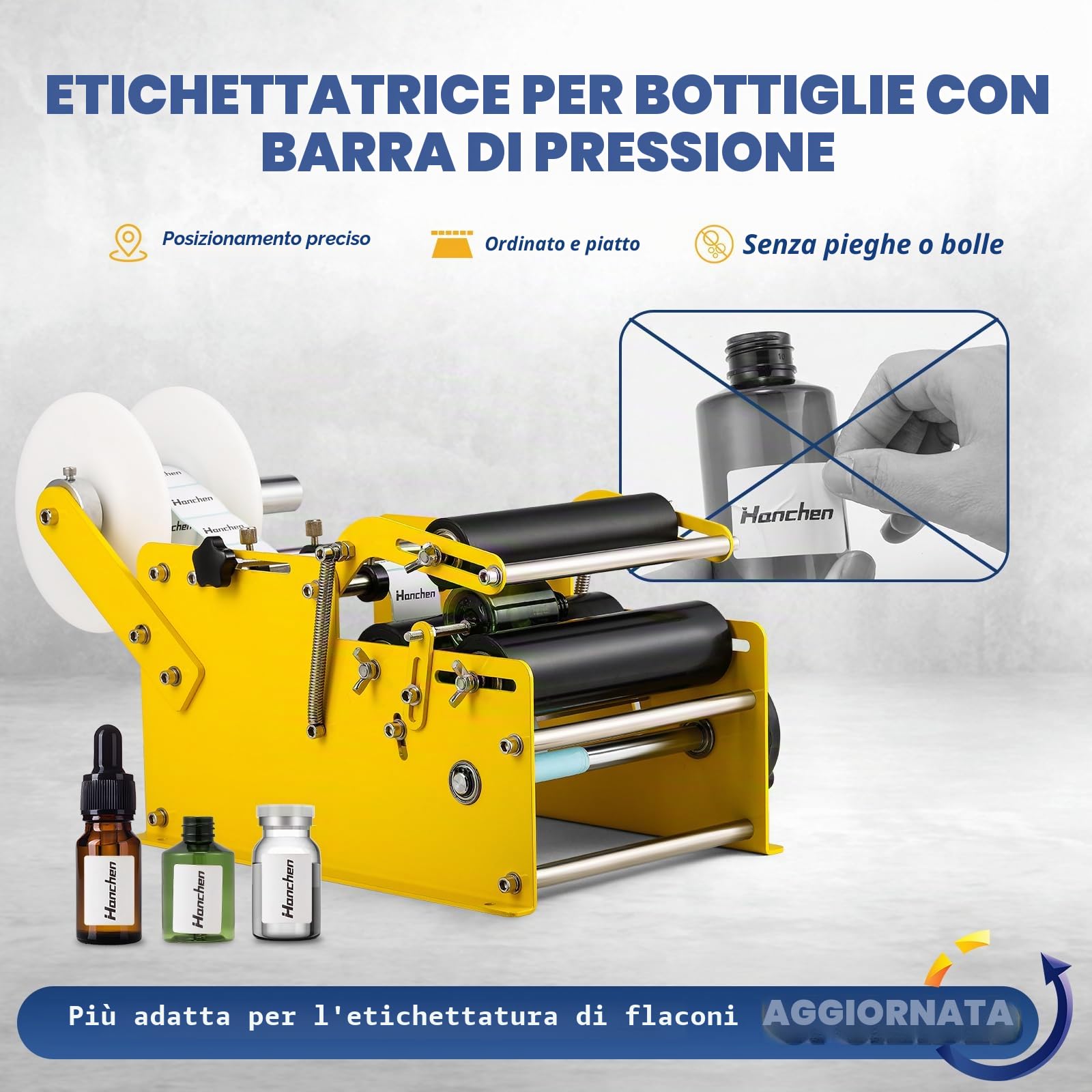 Hanchen Etichettatrice manuale per bottiglie rotonde Etichettatrice Etichettatrice Applicatore di etichette MT-30 per larghezza 10-110 mm Lunghezza Etichetta 10-300 mm (con manico)