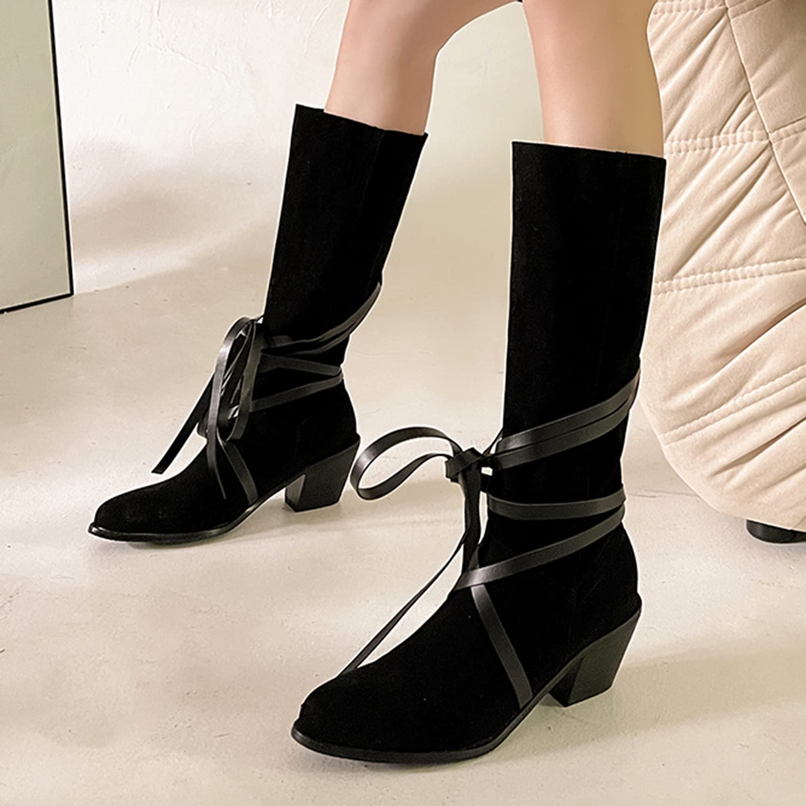CUTEHEELS Damskie buty w stylu vintage, wsuwane na kolanach, wysokie i średnie łydki, z obcasami blokowymi i spiczastym noskiem, czarny, 42 EU