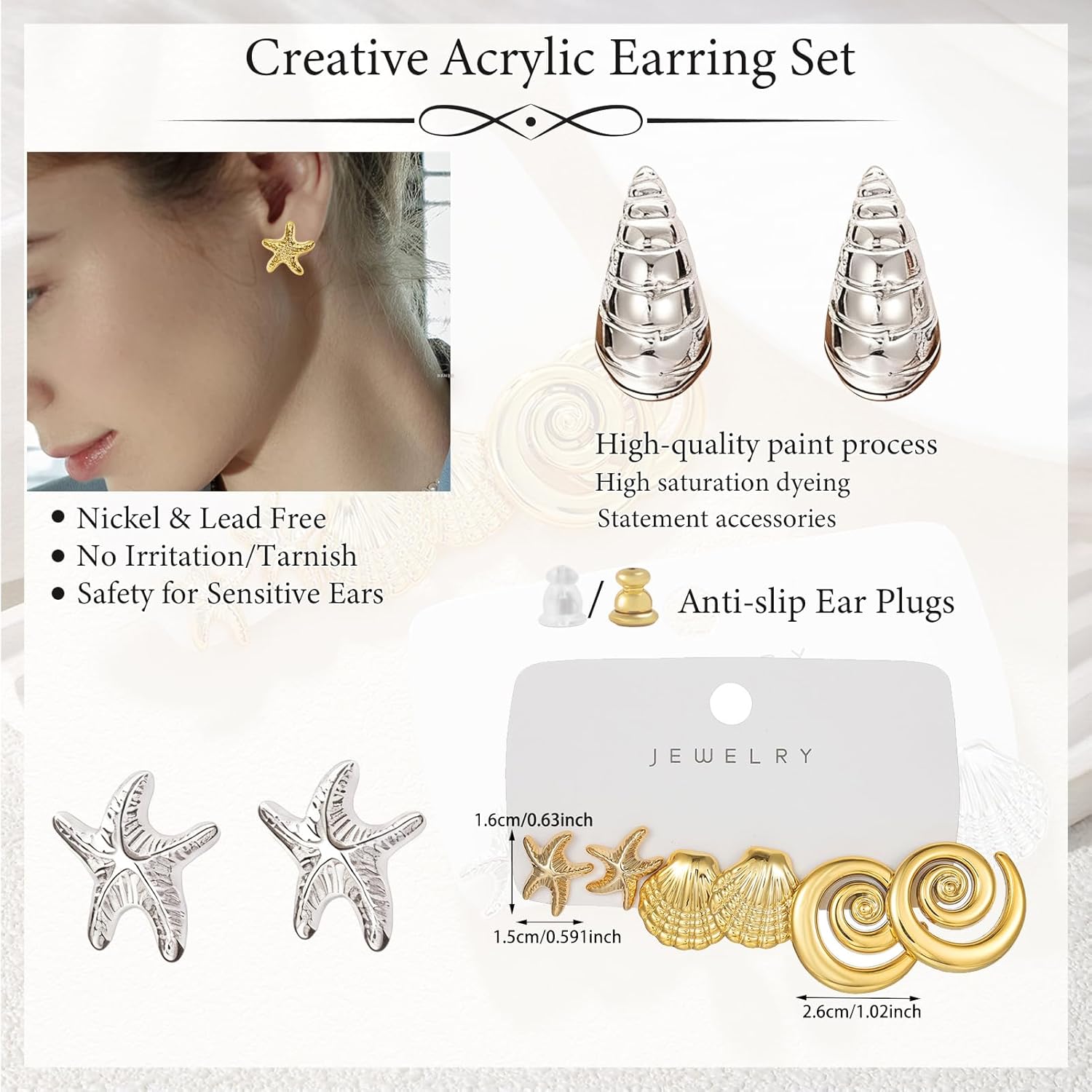 6 Pairs Boho Elegant Earring Set Chunky Stud Earrings for Women, Gold Plated Starfish Conch Sea Shell Charms Gold and Silver Ear Accessories - Image 5