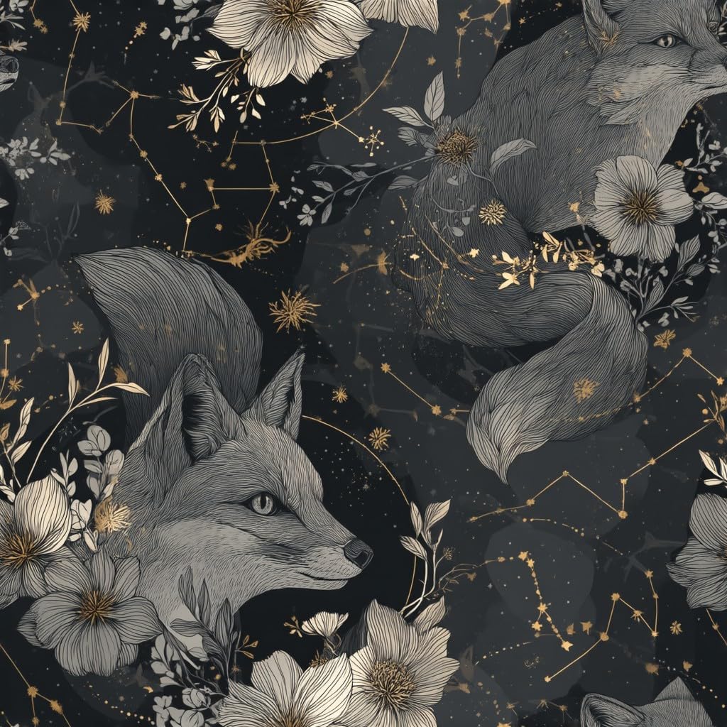 Vintage Sky Fox Fabric Floral Wallpaper Self Adhesive Peel and Stick Botanical Leaf Whimsical Astrology Wall Paper Removable Waterproof for Bedroom Living Room Renter Friendly 17.71"x236.2"
