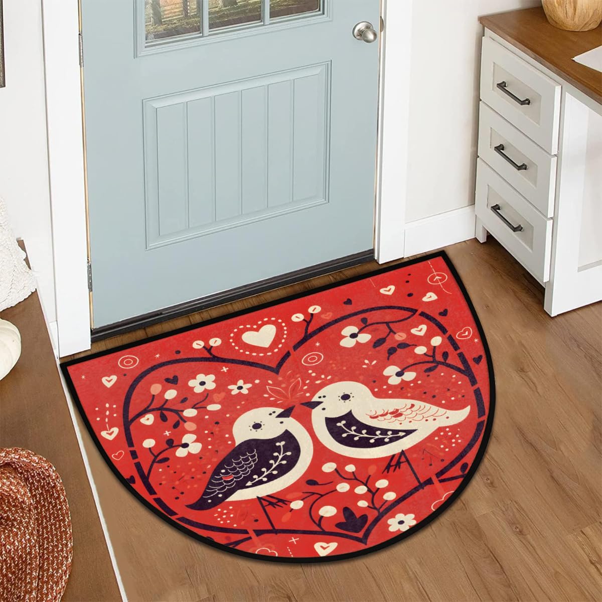 Valentine's Day Flower Birds Half Round Door Mat Non-Slip Welcome Entryway Soft Area Rug Absorbent Bathroom Rugs Wear Resistant Indoor Kitchen Mats 24 x 36 in for Home Deck Patio Garage