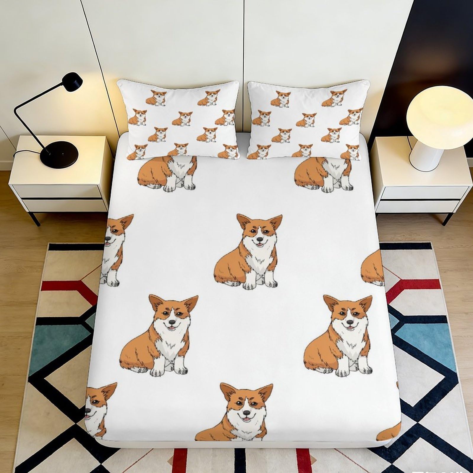 3D Printed Corgi Dog Fitted Sheet Microfiber Soft Anti-Slip Bed Sheet for Bedroom Guest Room Decor Easy Care 90x200x25cm