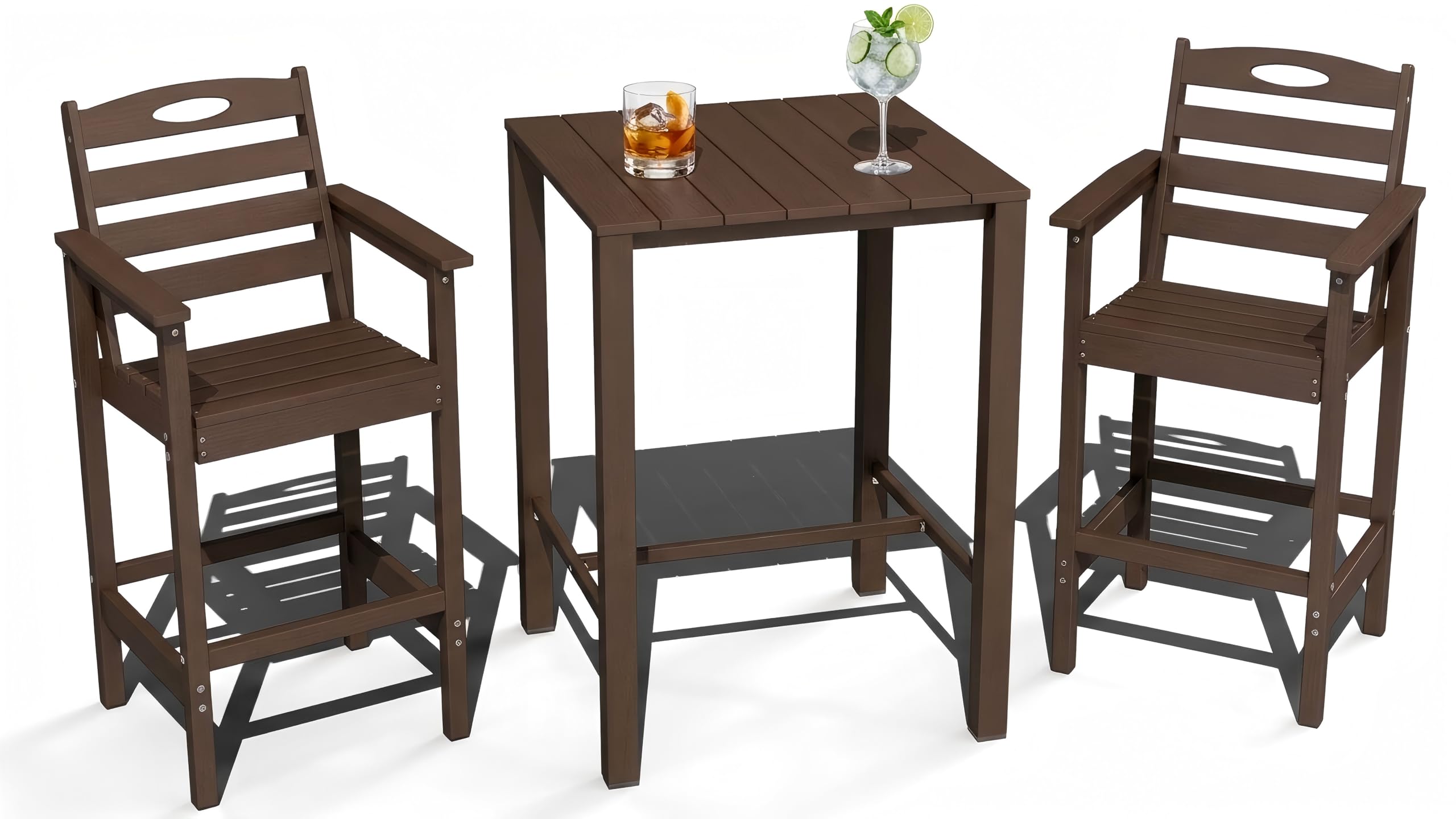 Domi HDPE Adirondack Patio Table and Chairs Set of 3, Adirondack bar Height Outdoor Table and Chairs, All-Weather HDPE Outdoor Bar Set for Poolside, Patio, Backyard, Brown