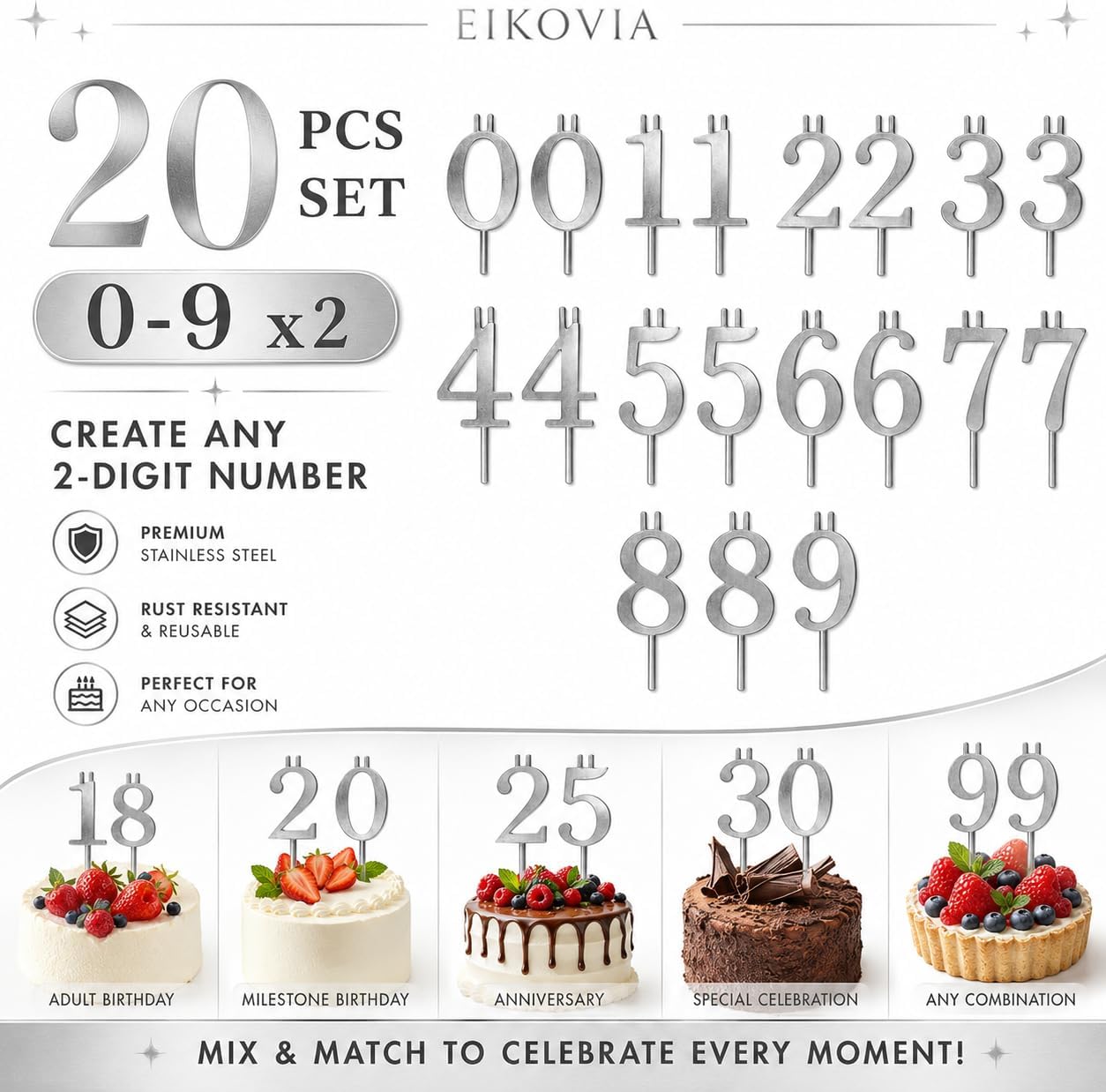 20 Pcs Silver Number Candle Holders Stainless Steel Birthday Toppers image 2