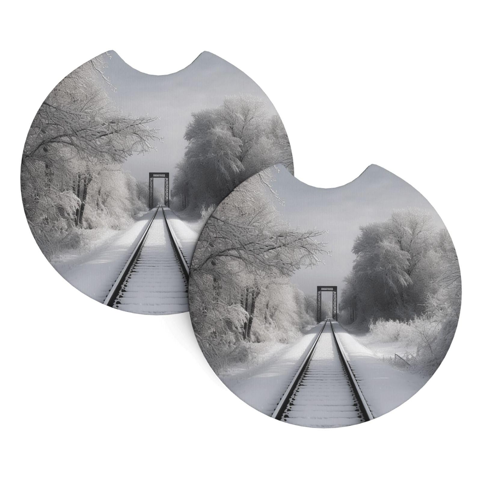 2 Pack Car Coaster for Cup Holders Snowy Train Tracks Car Cup Coaster 2.7" Neoprene Non-Slip Automotive Cup Mat Universal Auto Car Interior Accessories for Women Men Cup Pad