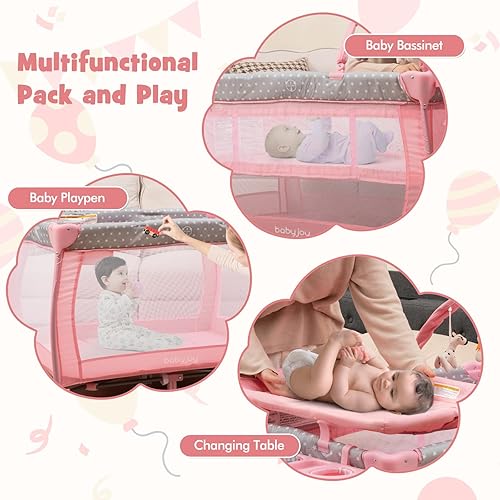 Miniatura 6 de BABY JOY 3 en 1 portátil Pack and Play con moisés, cuna de viaje convertible para bebé con cambiador, rueda de freno, Napper recién nacido con