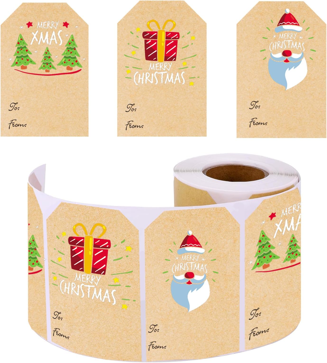 300 Pcs 2" x 3" Christmas Tags StickersName Labels Sticker Tags Brown Kraft Holiday Decorate Stickers 3 Pattern Stickers Labels Suitable for Christmas Holiday Packaging Stickers(Multi)