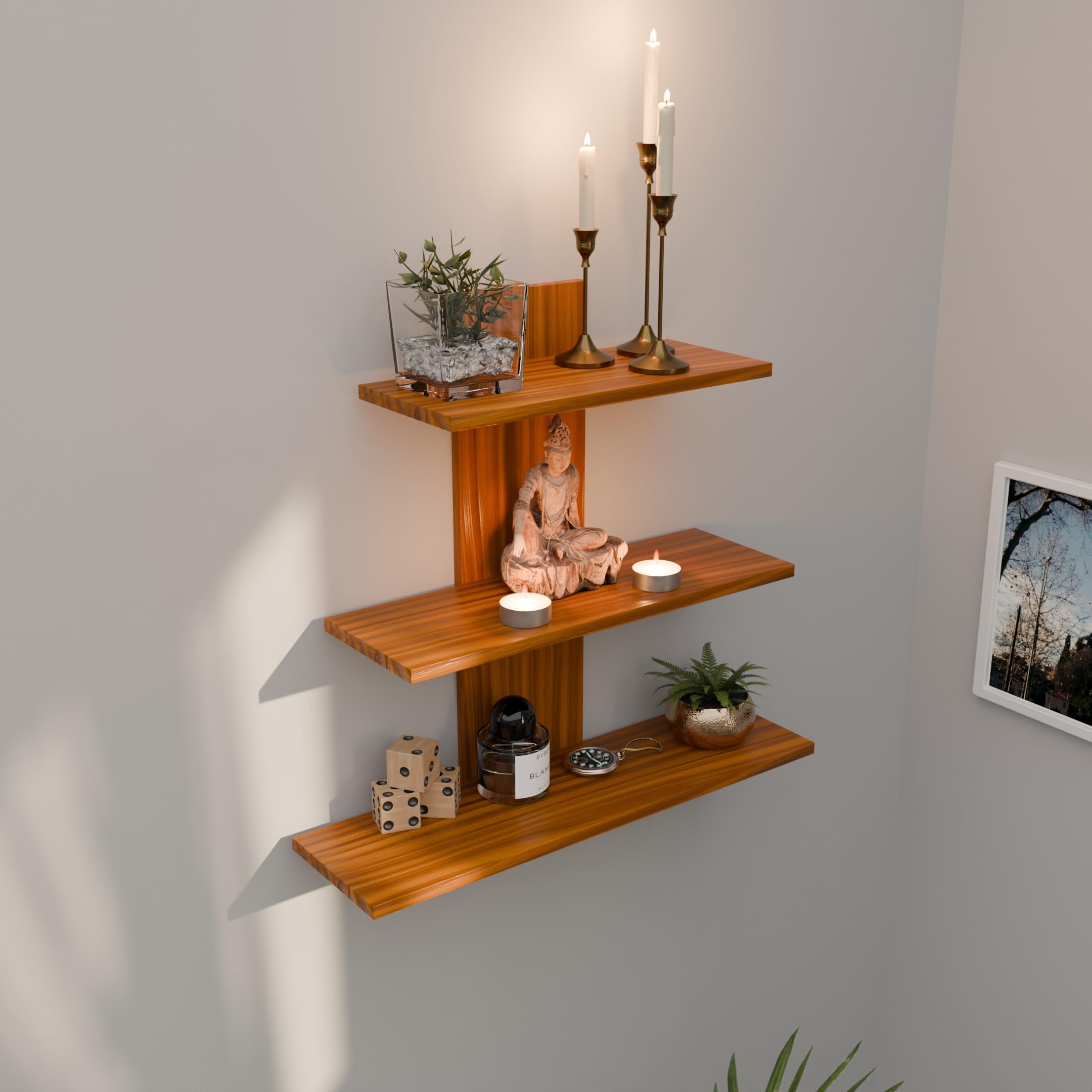ETIQUETTE ART Engineered Wood Wall Mounted Decorative Shelf Tier 3 Wall Shelves for Home Decor Items, Living Room and Bedroom/Book Rack/Wall Shelves/Home Decorative Display (Teak Finish)-image-49