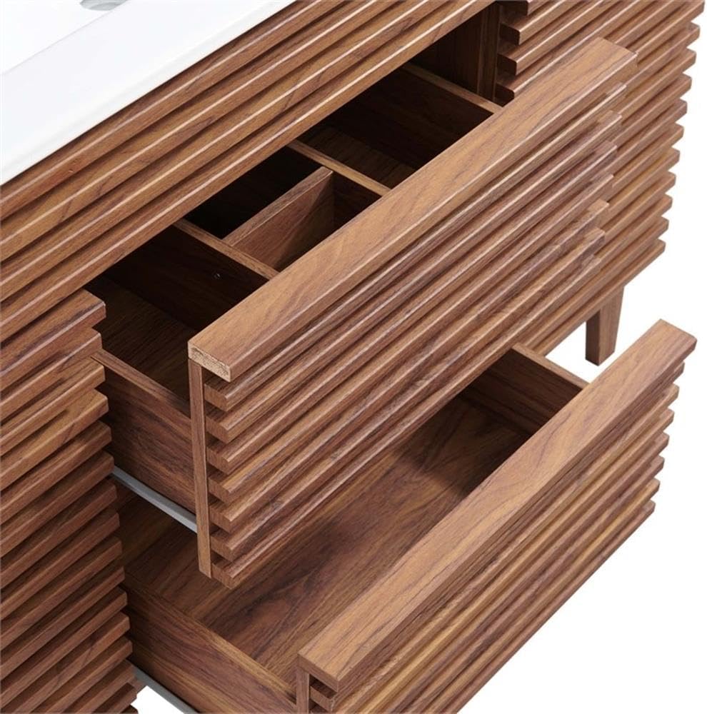 Pemberly Row 48" Modern Plastic Bathroom Vanity, Walnut Grain MDF and Particleboard, White Ceramic Single Sink, Full-Extension Drawers, Soft-Close Doors, Mid-Century Style for Bathroom Use