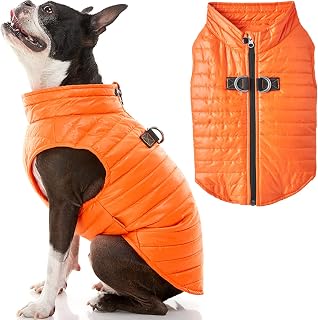 Gooby Puffer Vest Dog Jacket Orange Medium - Ultra Lightweight Water Resistant Windbreaker with Dual D-Ring Leash for Small Medium Dogs
