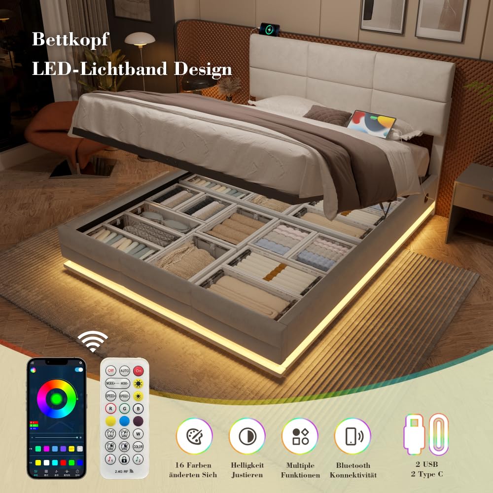 Lubvtti Cama acolchada con LED y puertos USB & TypeC, cama de matrimonio con contenedor hidráulico y cabecero regulable en altura, cama de matrimonio con canapé, terciopelo (beige, 160 x 200)