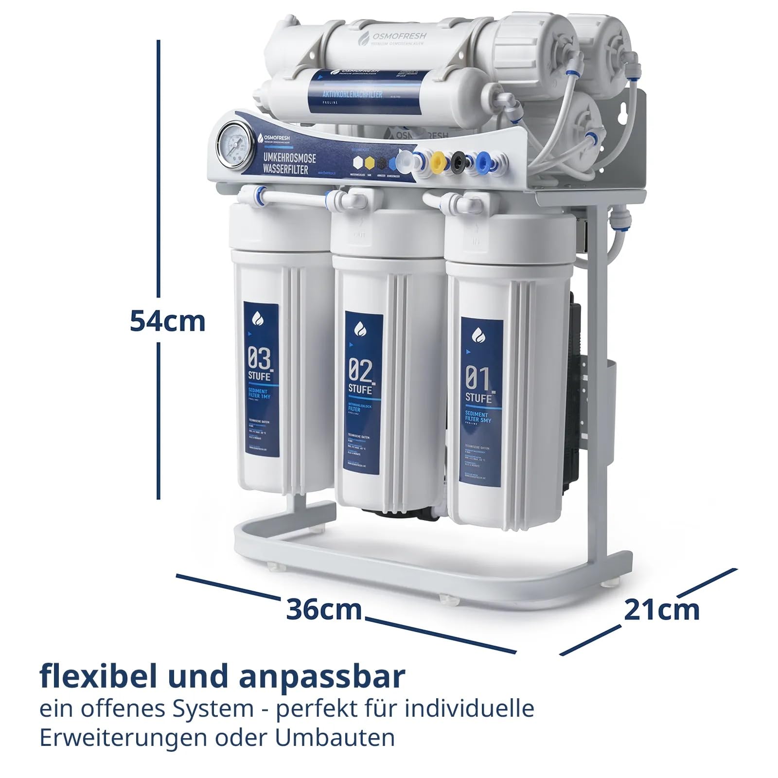 OsmoFresh Osmoseanlage Proline X3 | 600 GPD | 1,6l/min | unter Spüle | mit Osmosehahn | vom Premium Hersteller