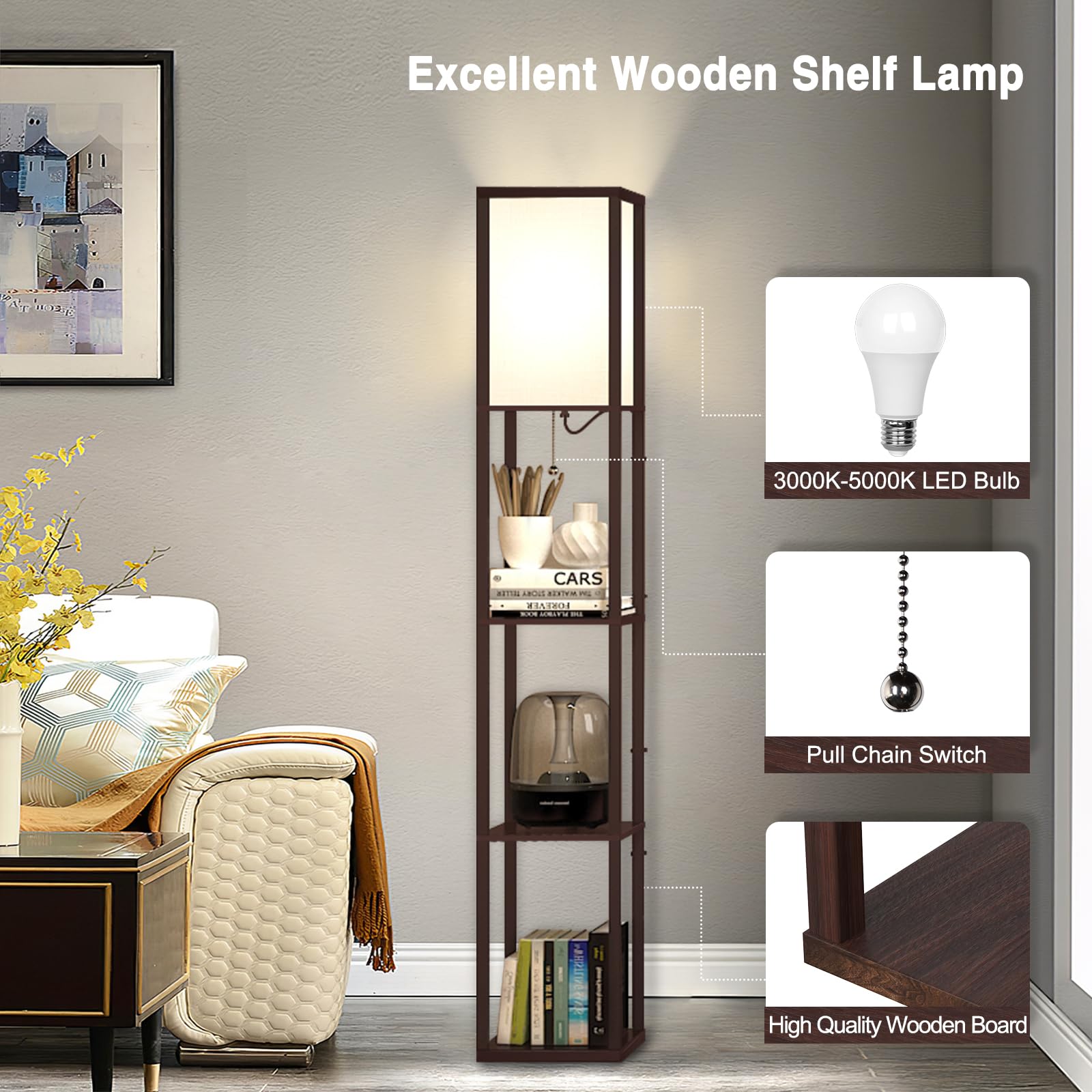 Lampadaire Newport hauteur 140 cm E27 effet bois / blanc / doré [lux.pro