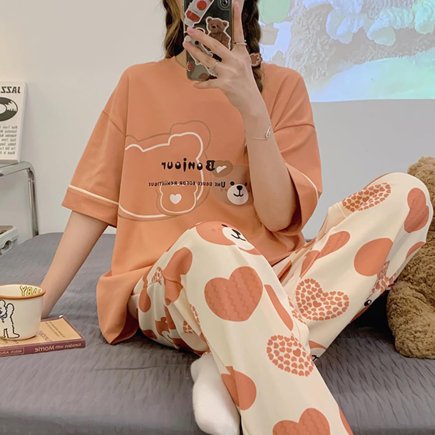 Size XL Kawaii Bear Print Women Pajamas Autumn Ladies Pajama Faux Cotton Korean Cardigan Sleepwear Long Sleeve Loungewear