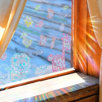 Cute Lion Giraffe Pig SunCatchers Sticker Window Glass Decal Stickers Removable Electrostatic Sticker Rainbow Window Clings Prism Animals Stickers Suncatcher Glass Decor for HomeAnimals